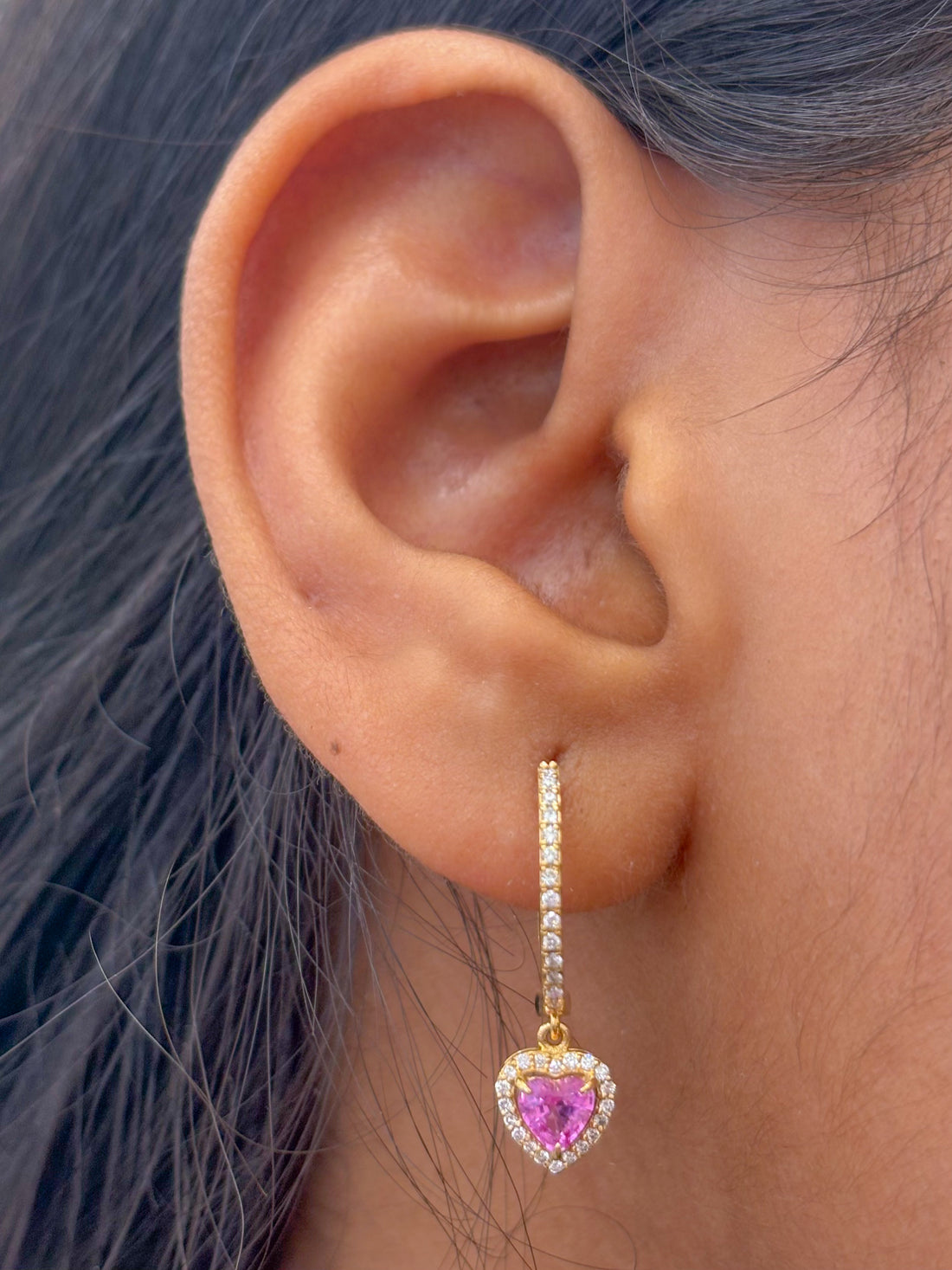 JPERG-1917/7130 Pink Sapphire Heart With Diamond Hoops Earring | 18K