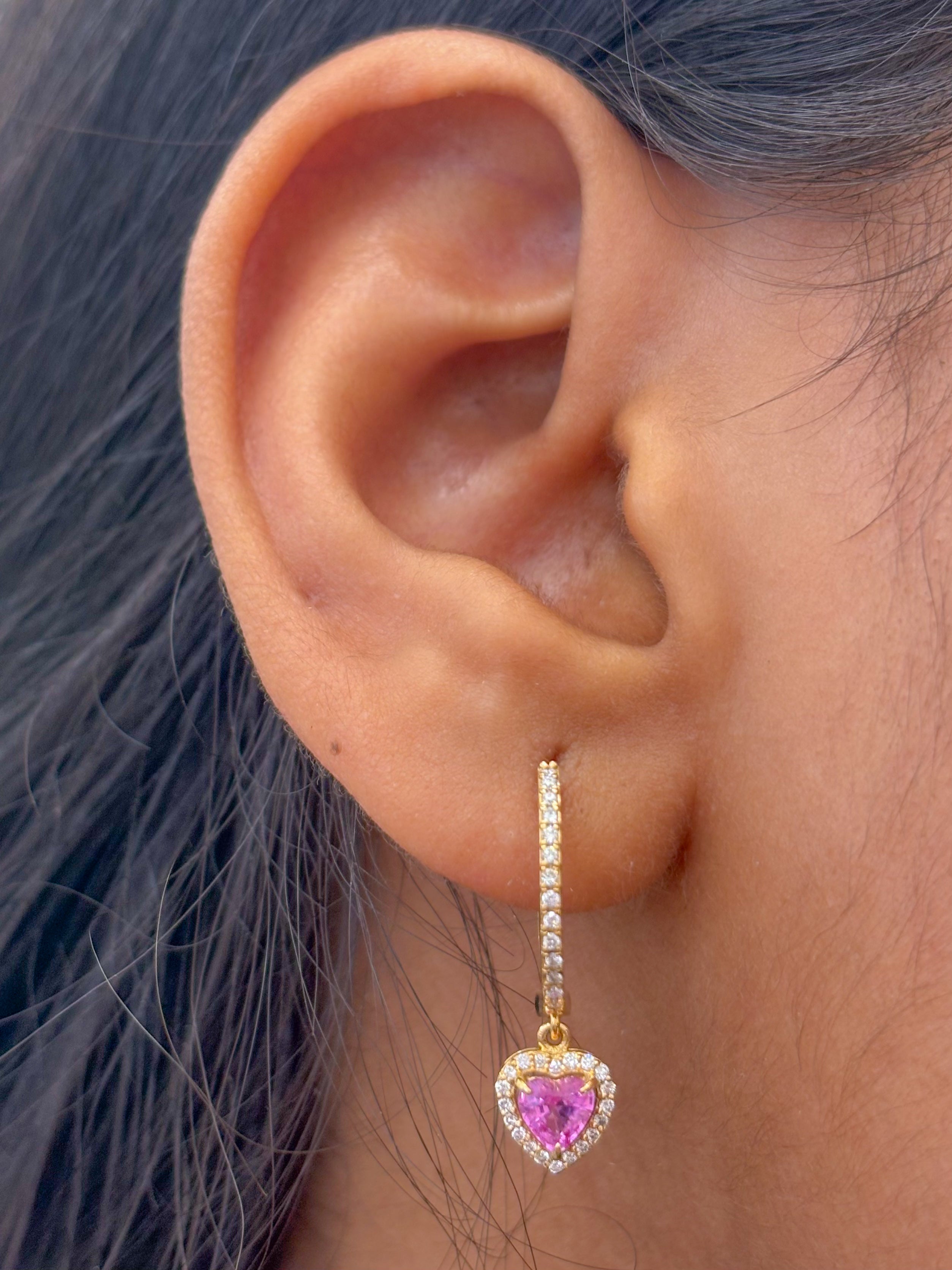JPERG-1917/7130 Pink Sapphire Heart With Diamond Hoops Earring | 18K