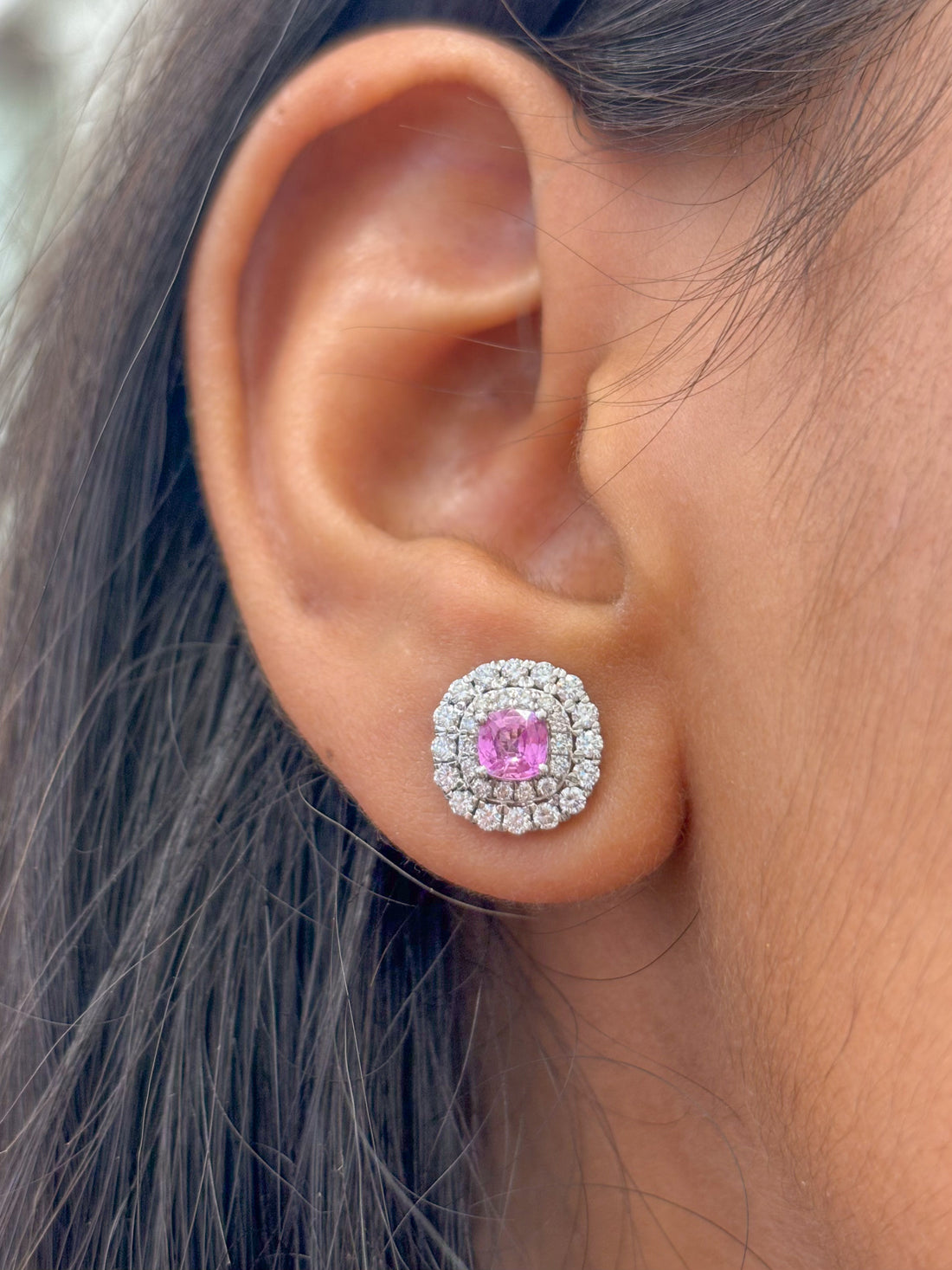 JPERG-1919/7132 Pink Sapphire Cushion With Diamond Studs Earring | 18K
