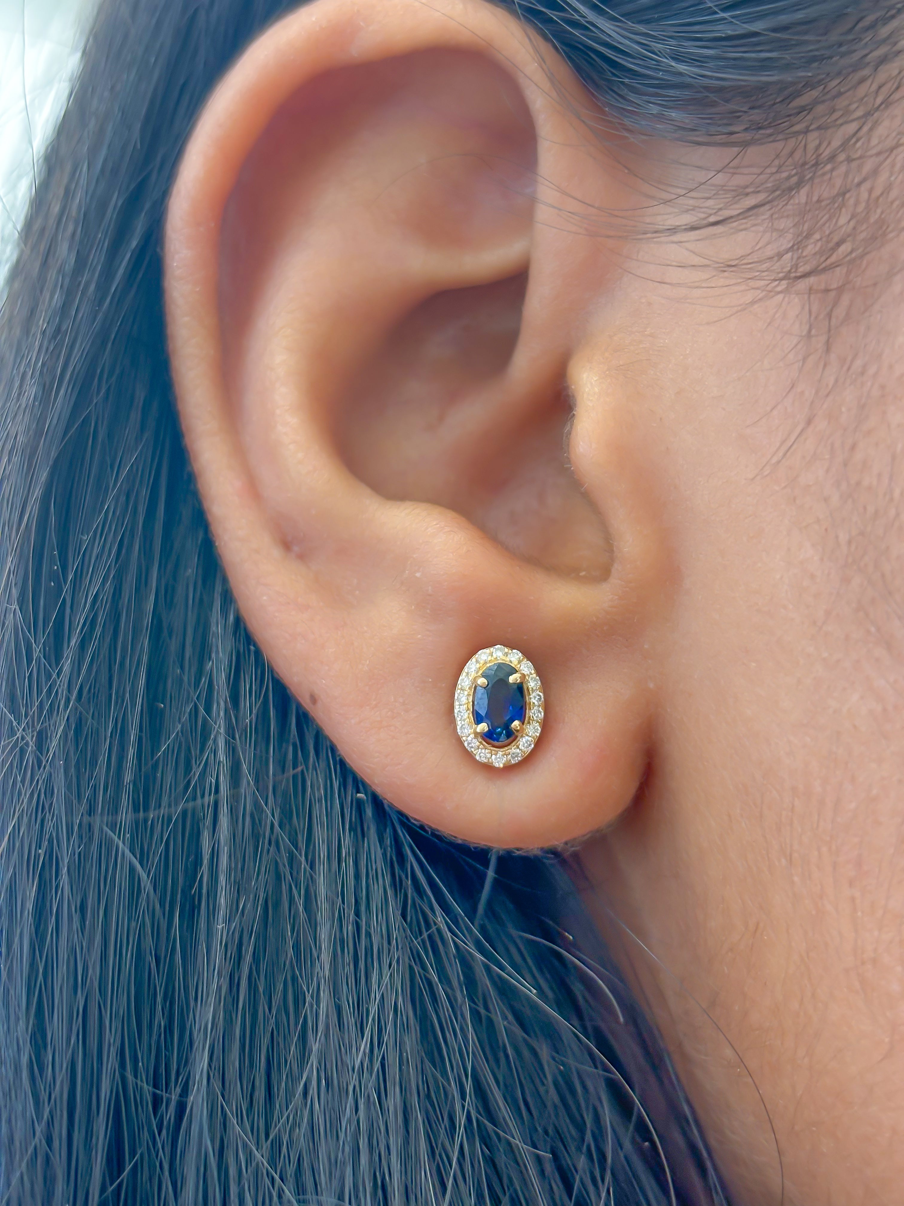 JPERG-1929/7150 Blue Sapphire Oval With Diamond Studs Earring | 14K