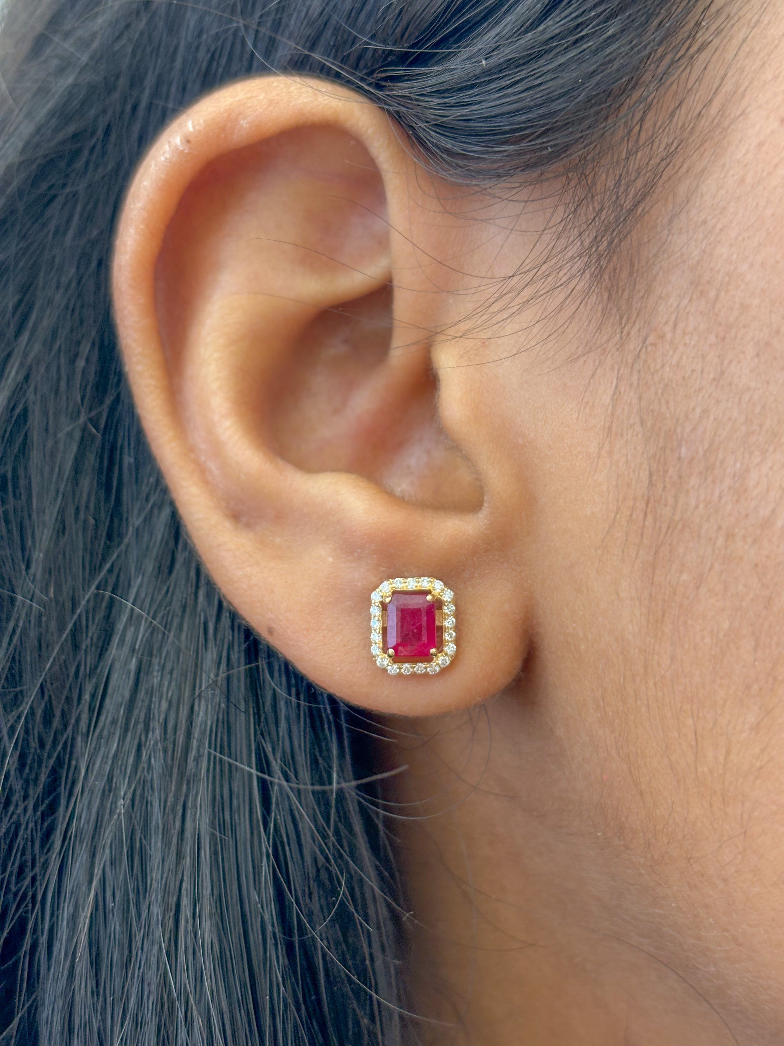 JPERG-1930/7151 Ruby Octagon 5X4 With Diamond Studs Earring | 14K