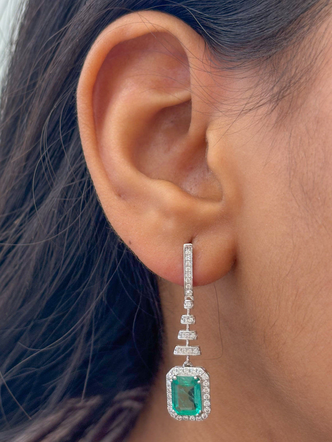 JPERG-1941/7177 Emerald Octagon With Diamond Dangling Earring | 18K