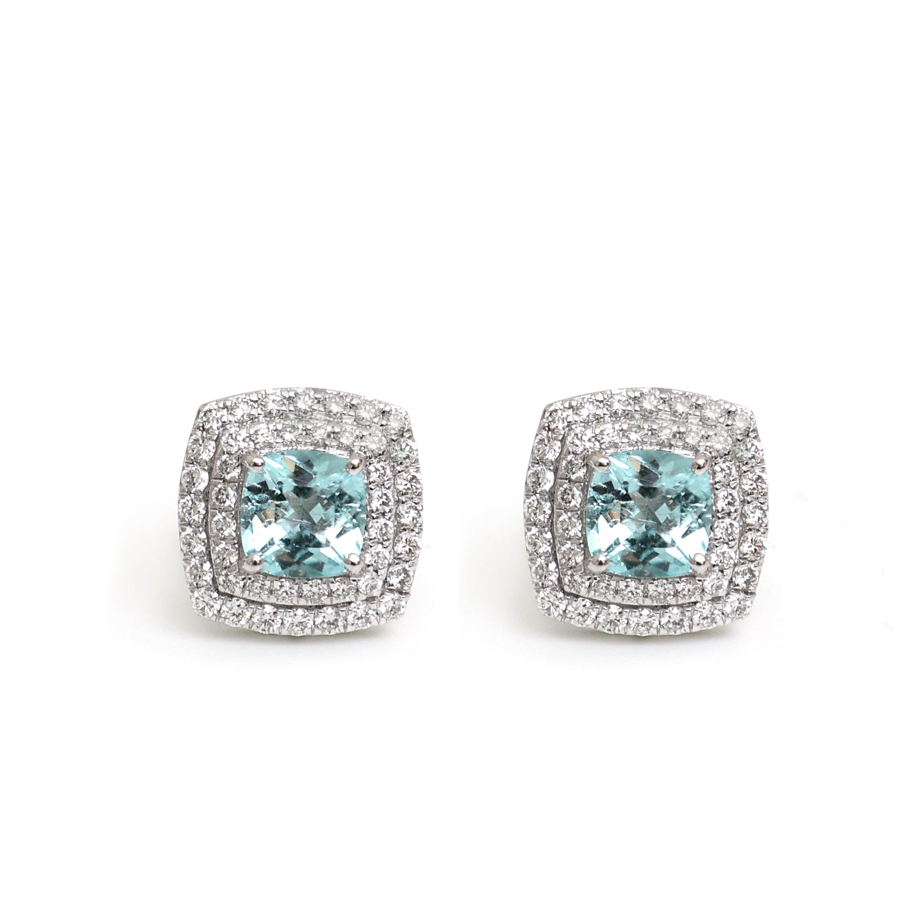 JPERG-2013/7399 Paraiba Tourmaline Cushion Double Halo Studs Earring | 18K