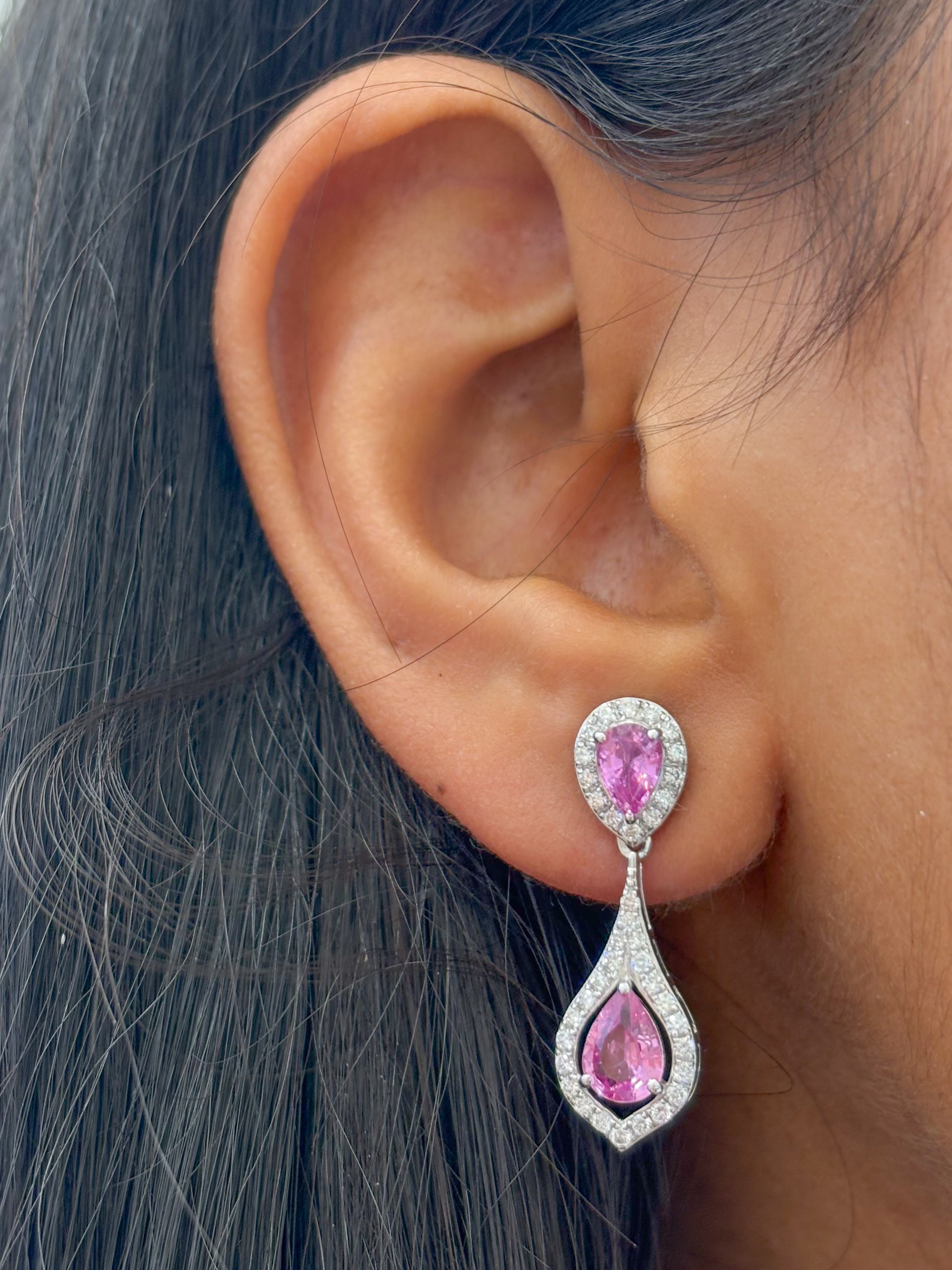 JPERG-2027/7486 Pink Sapphire Pear With Diamond Dangling Earring | 18K
