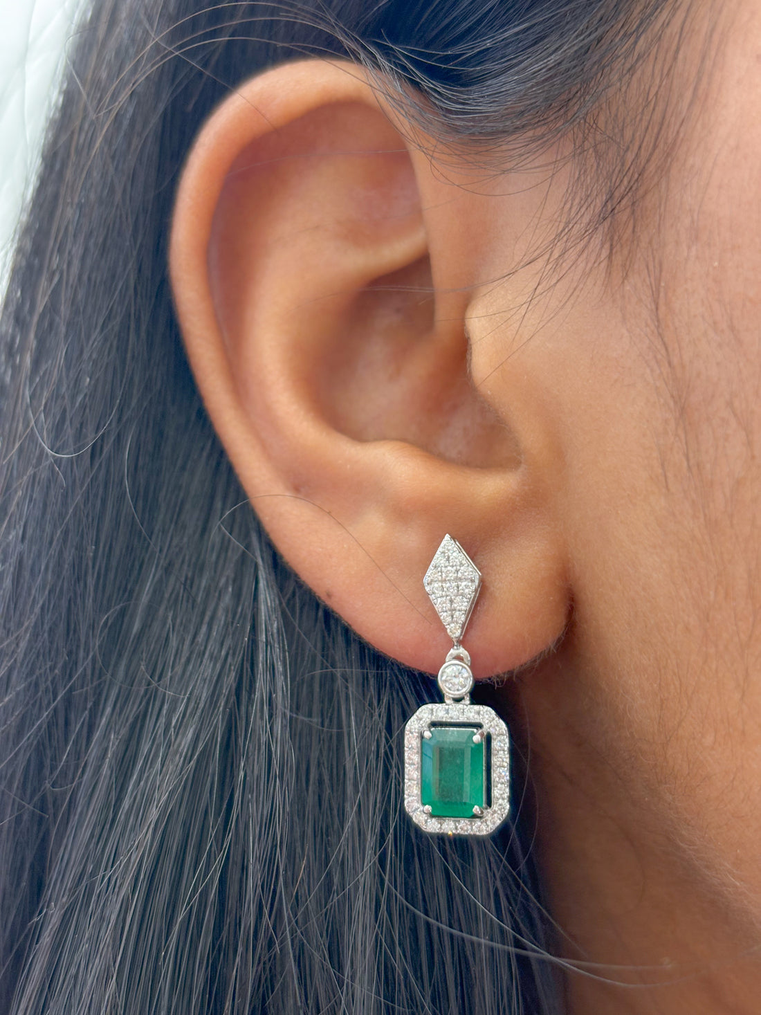 JPERG-2029/7488 Emerald Octagon With Diamond Dangling Earring | 18K