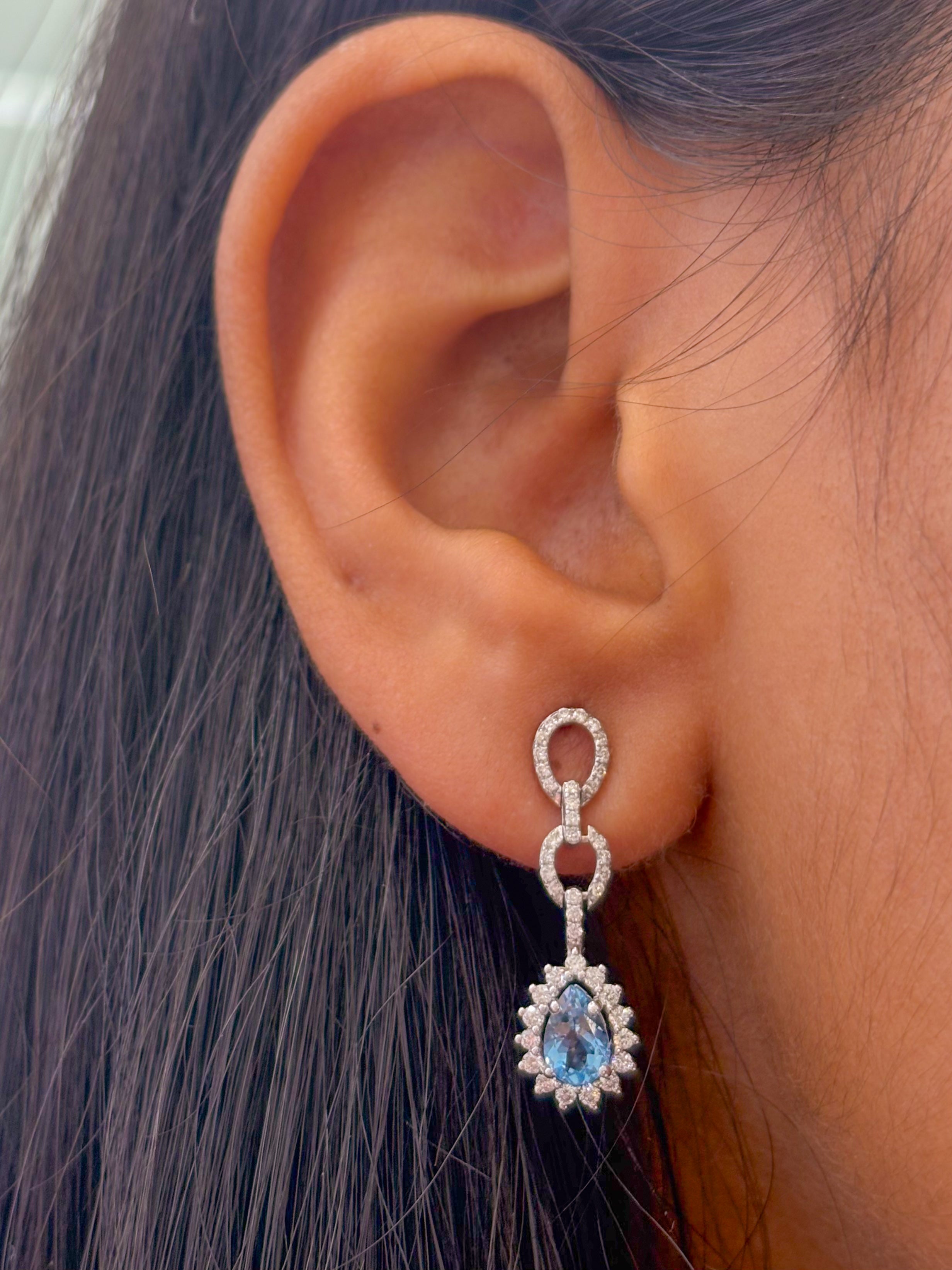 JPERG-2041/7550 Aquamarine Pear With Diamond Dangling Earring | 18K