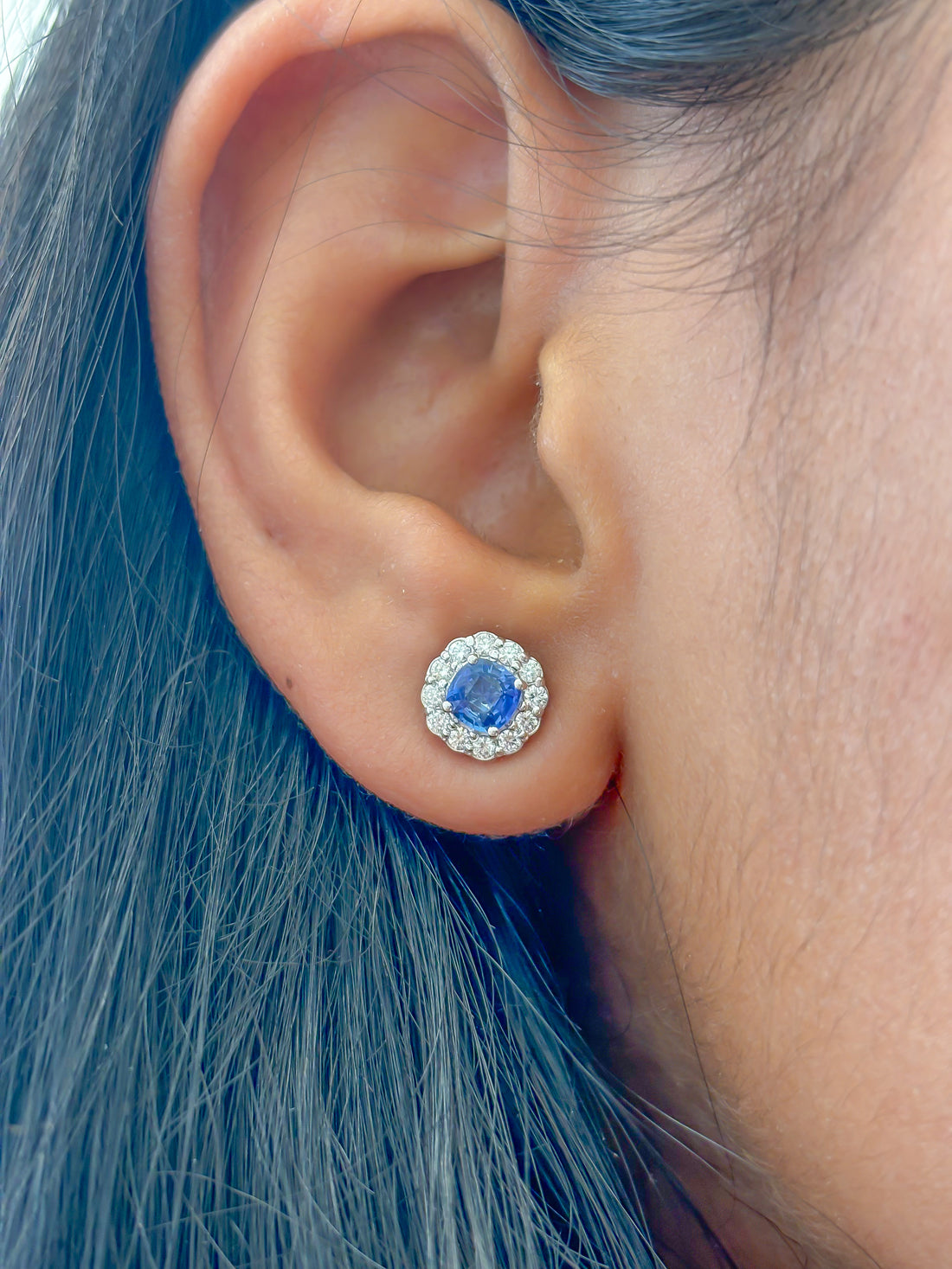 JPERG-2048/7591 Blue Sapphire Cushion Diamond Halo Studs Earring | 18K