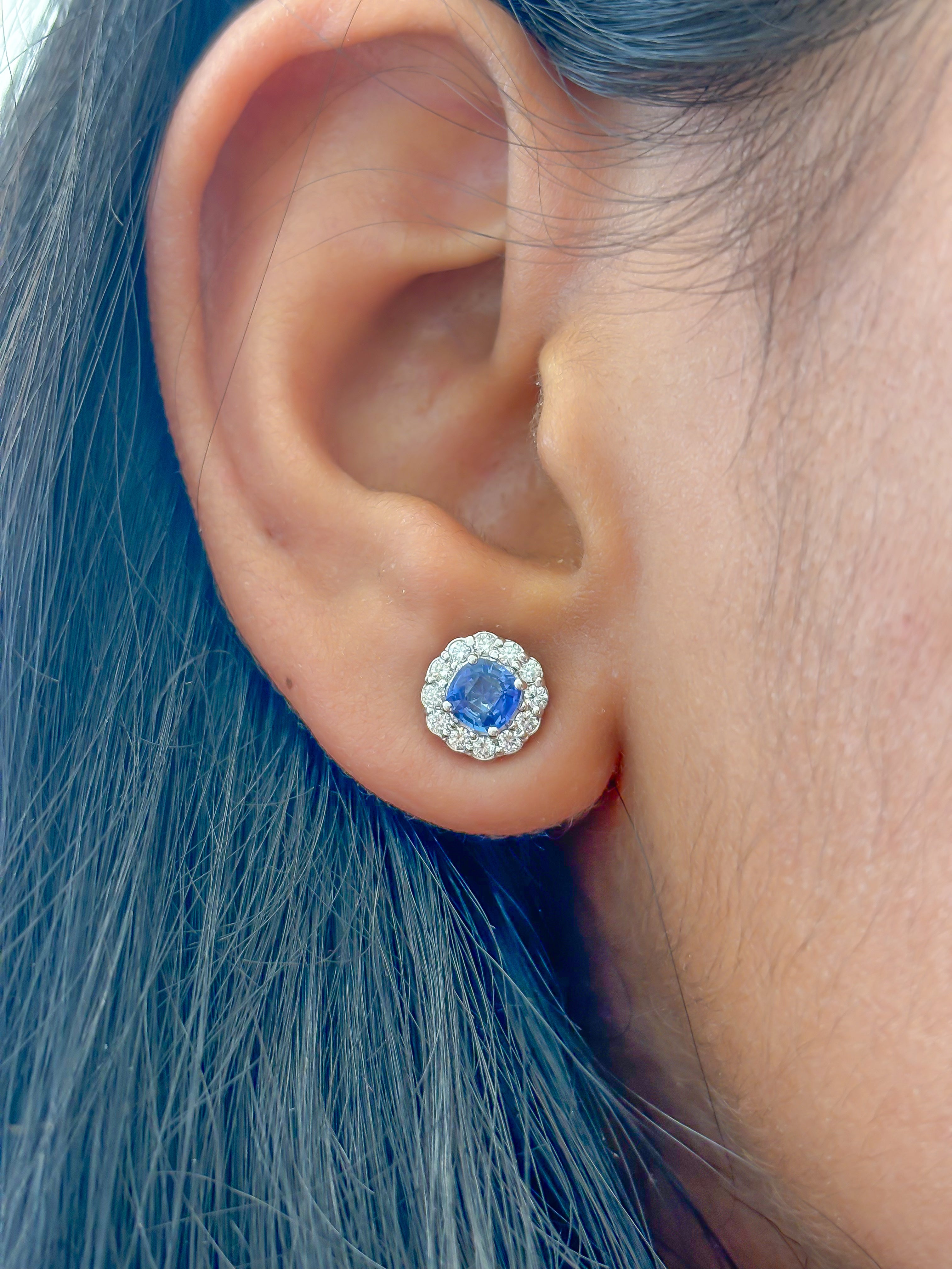 JPERG-2048/7591 Blue Sapphire Cushion Diamond Halo Studs Earring | 18K