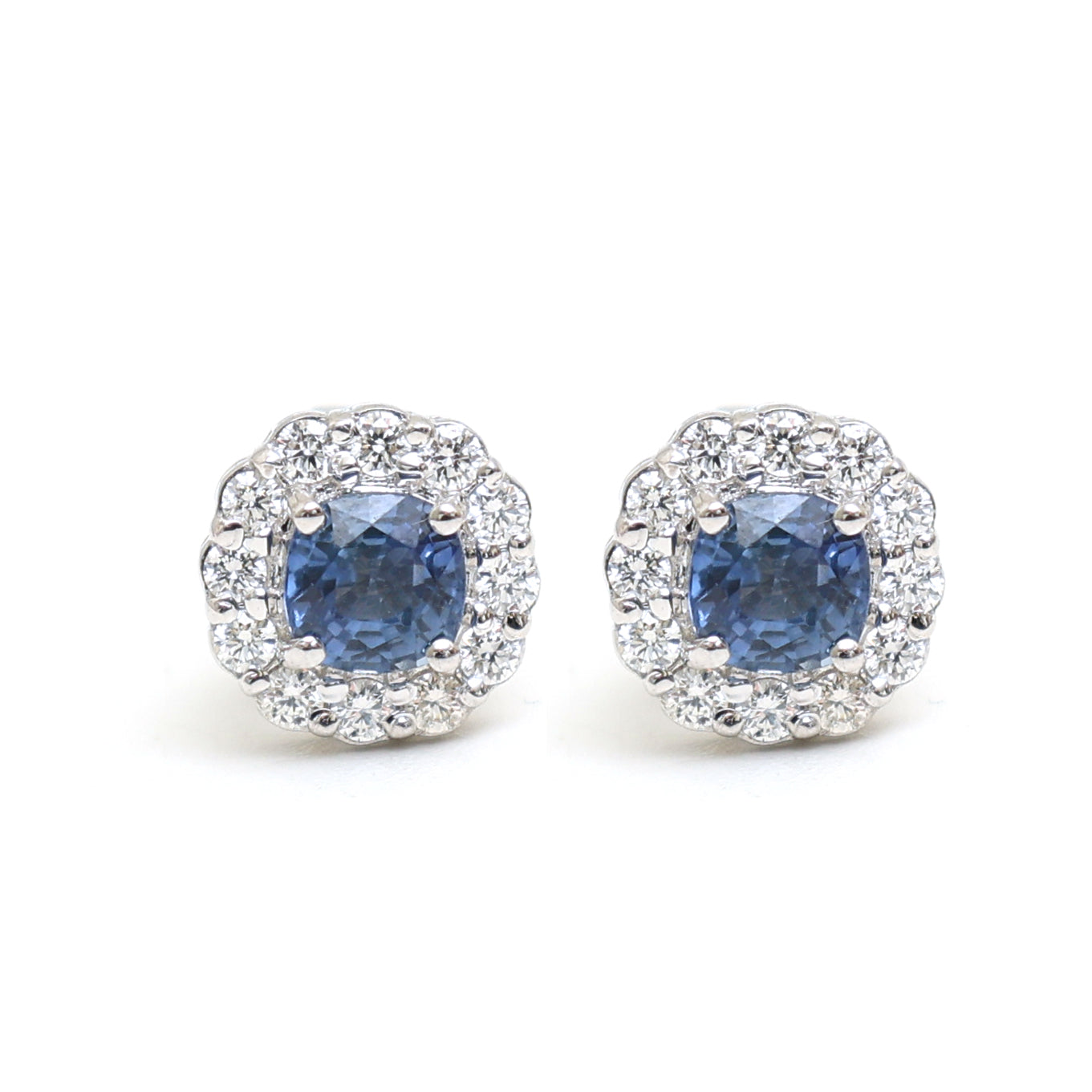JPERG-2048/7591 Blue Sapphire Cushion Diamond Halo Studs Earring | 18K