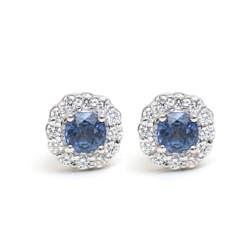 JPERG-2048/7591 Blue Sapphire Cushion Diamond Halo Studs Earring | 18K