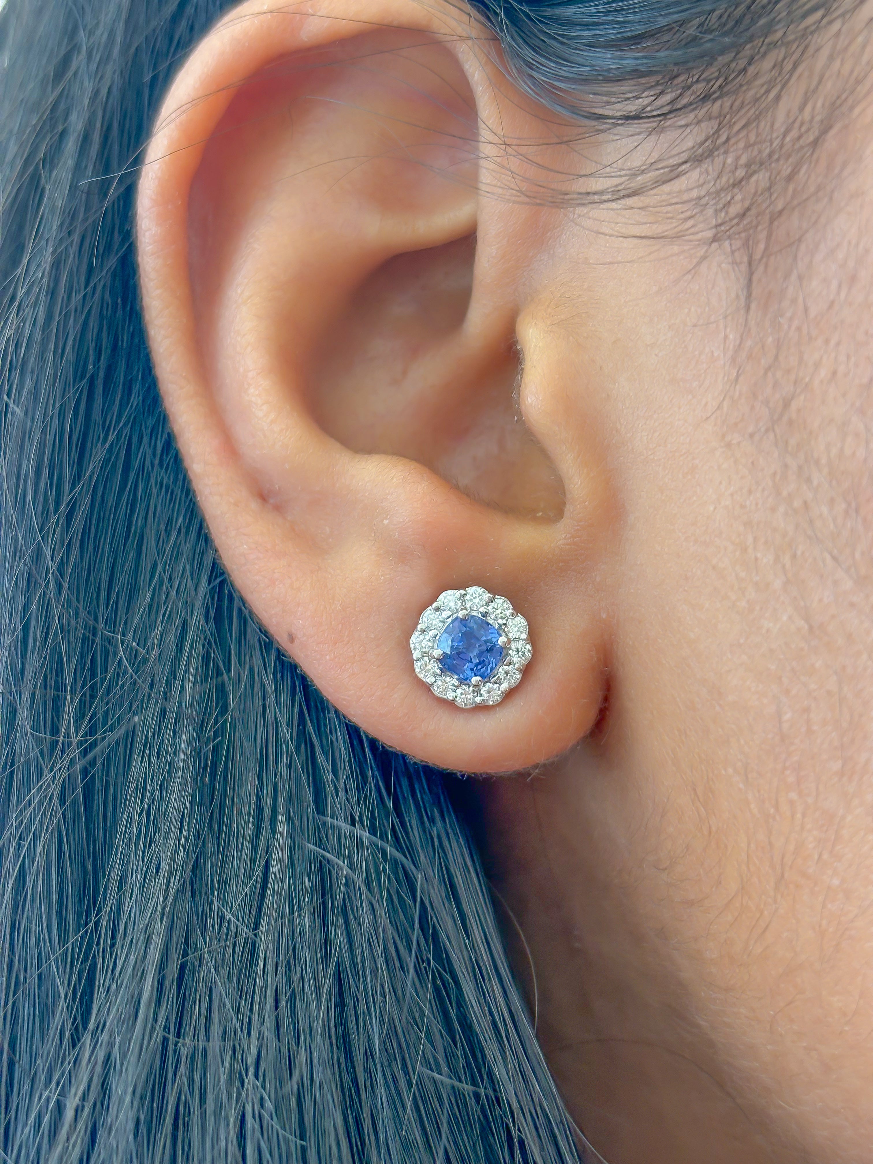 JPERG-2049/7592 Blue Sapphire Cushion Diamond Halo Studs Earring | 18K