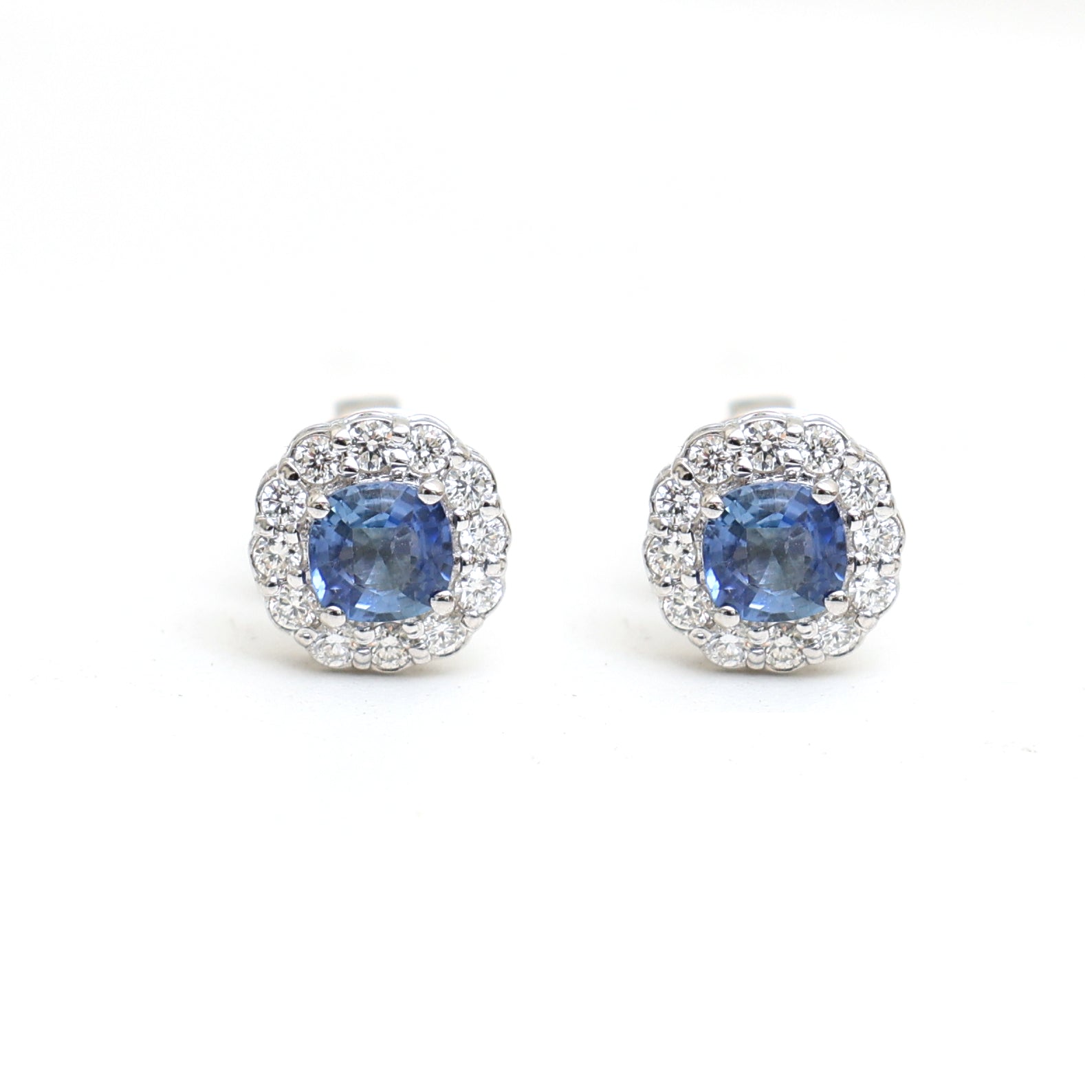 JPERG-2049/7592 Blue Sapphire Cushion Diamond Halo Studs Earring | 18K