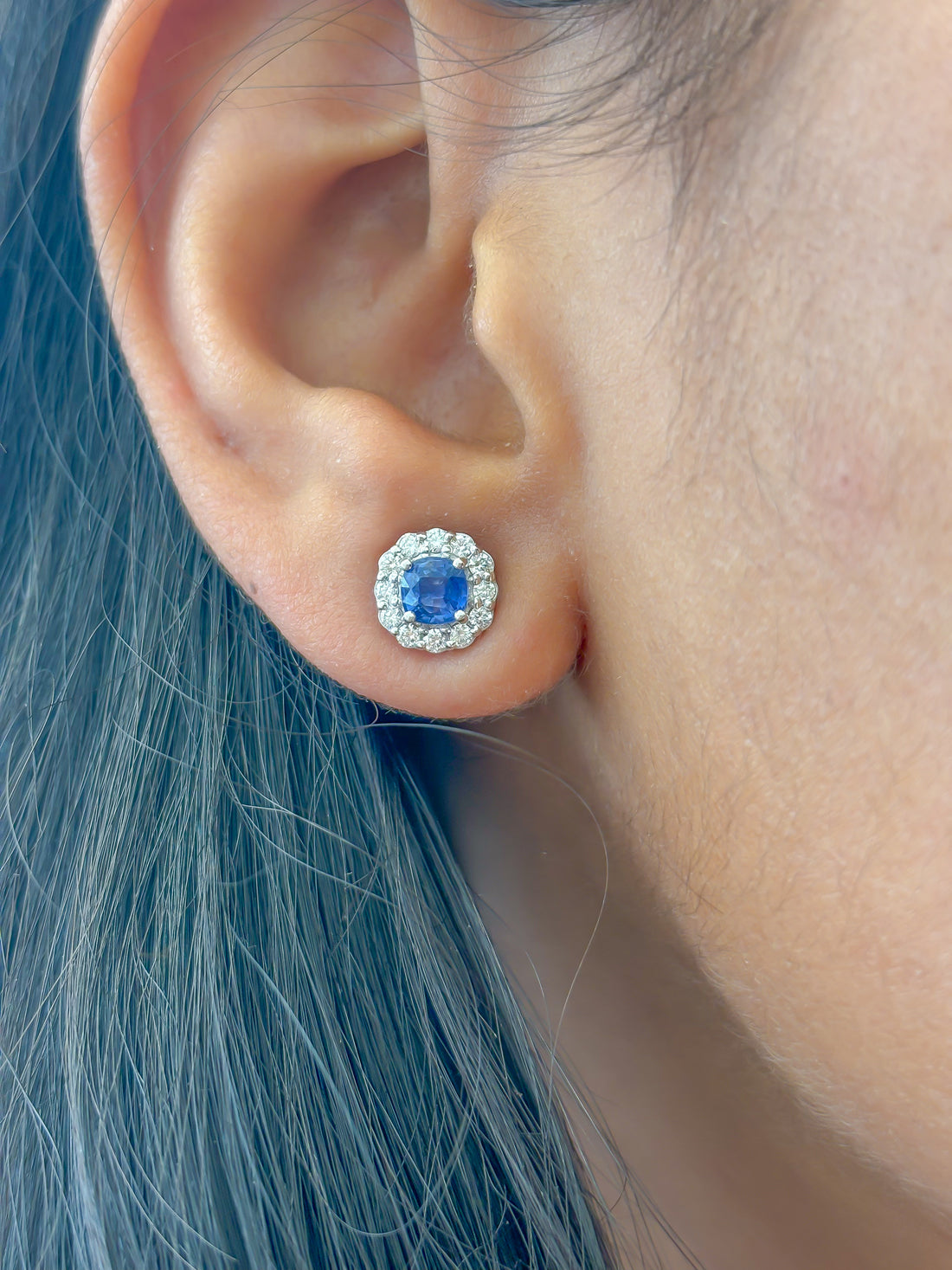 JPERG-2050/7593 Blue Sapphire Cushion Diamond Halo Studs Earrings | 18K