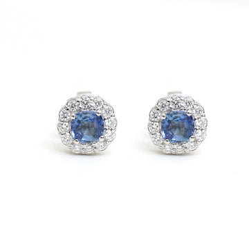 JPERG-2050/7593 Blue Sapphire Cushion Diamond Halo Studs Earrings | 18K
