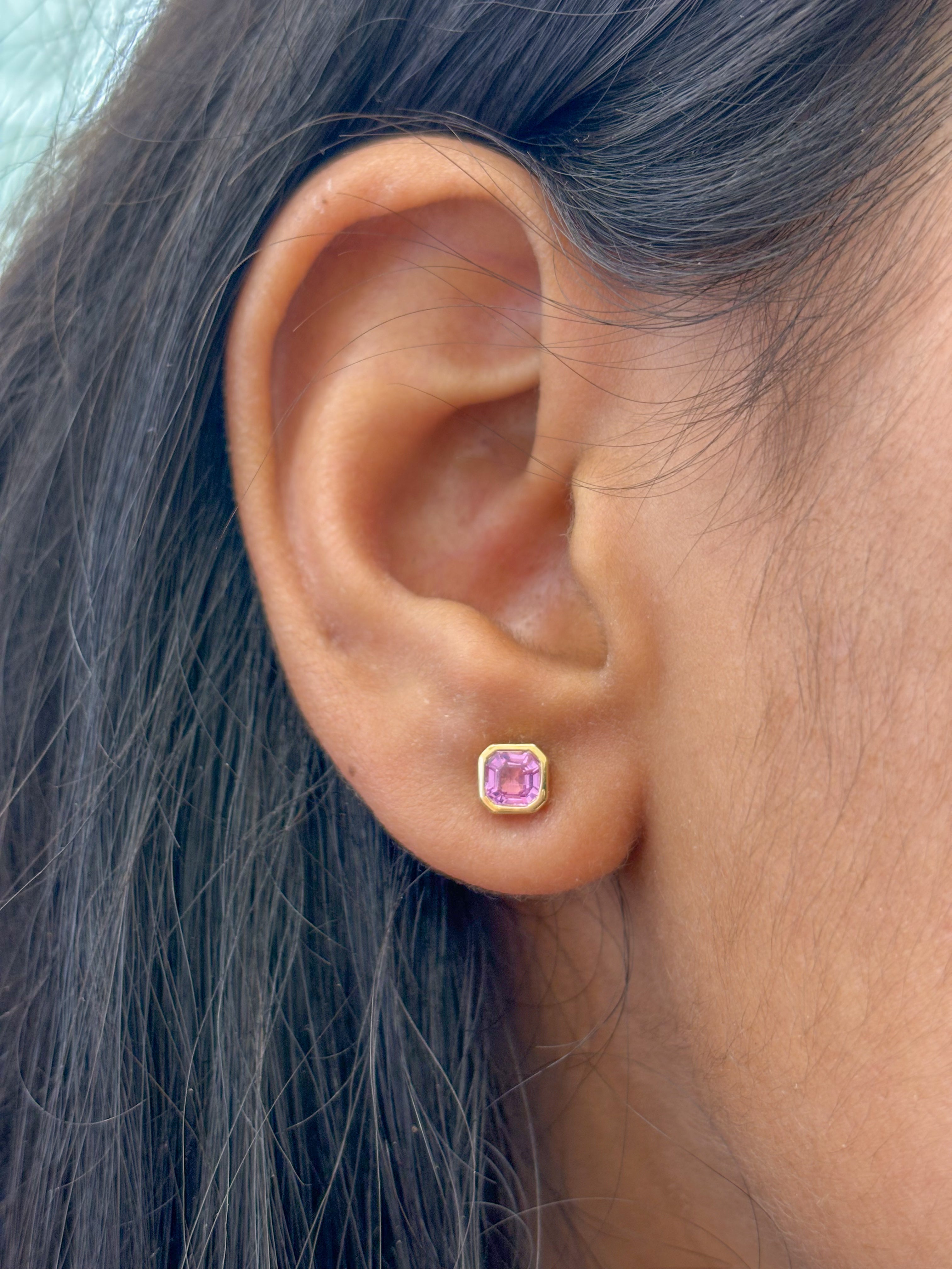 JPERG-2058/7603 Pink Sapphire Square Octagon Bezel Set Studs Earring | 18K