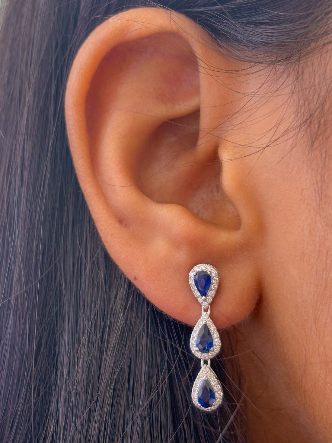 JPERG-2061/7629 Blue Sapphire Pear Diamond Dangling Earring | 18K