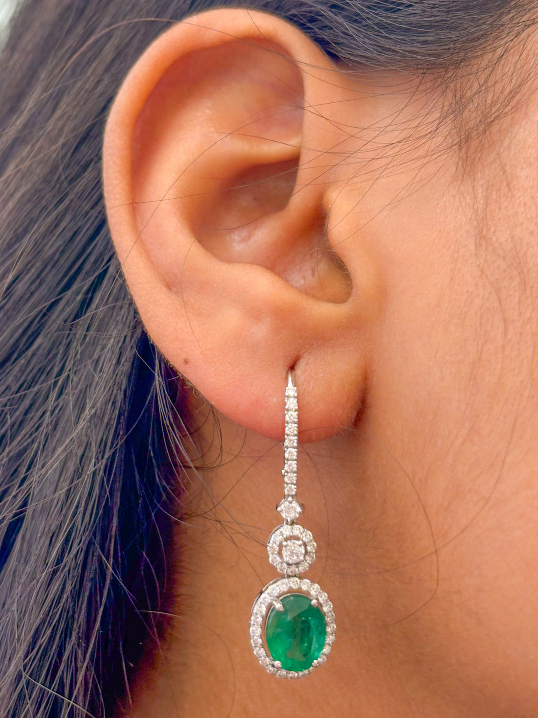 JPERG-2067/7635 Emerald Oval Diamond Dangling Earring | 18K