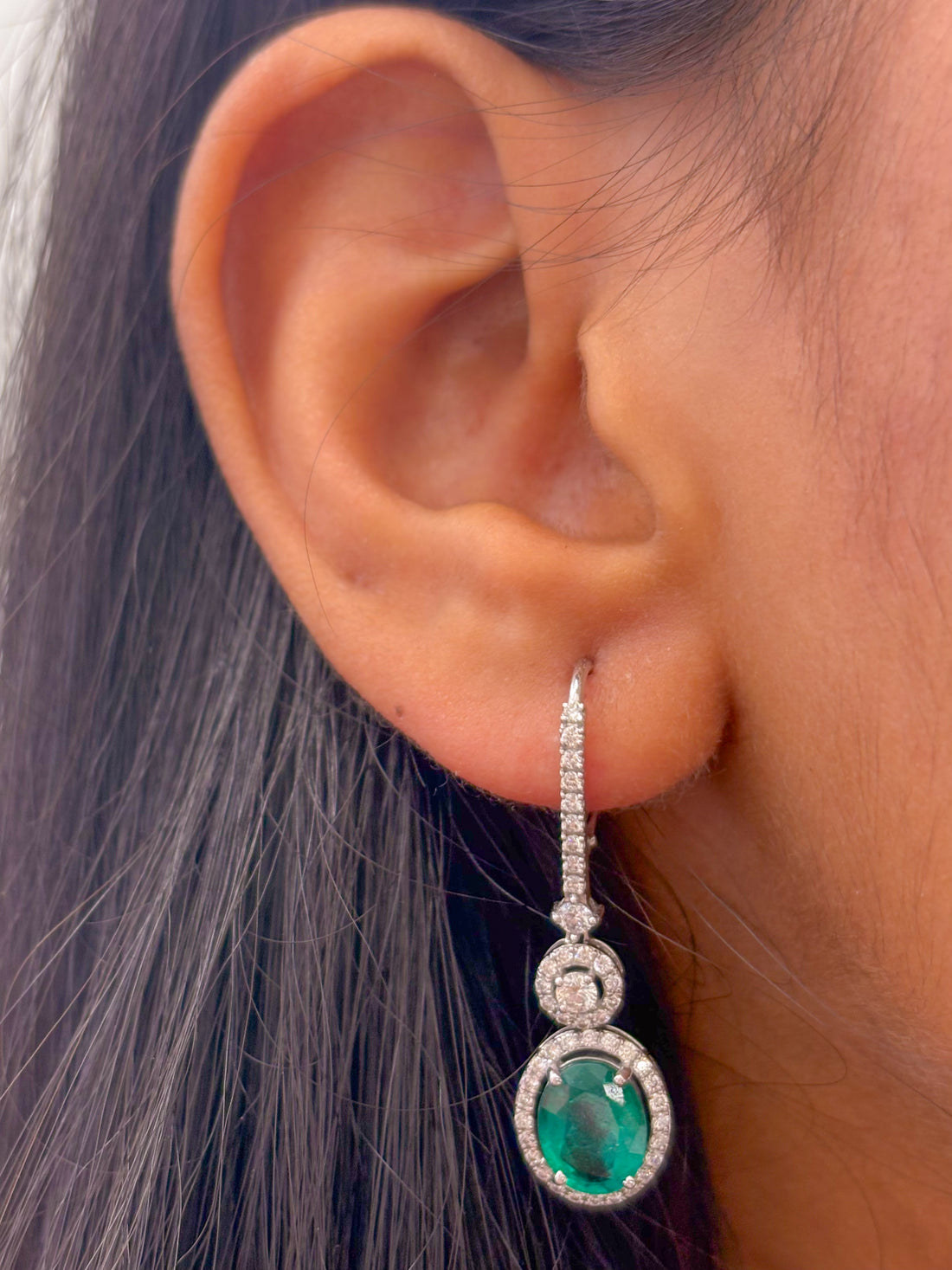 JPERG-2069/7637 Emerald Oval Diamond Dangling Earring | 18K