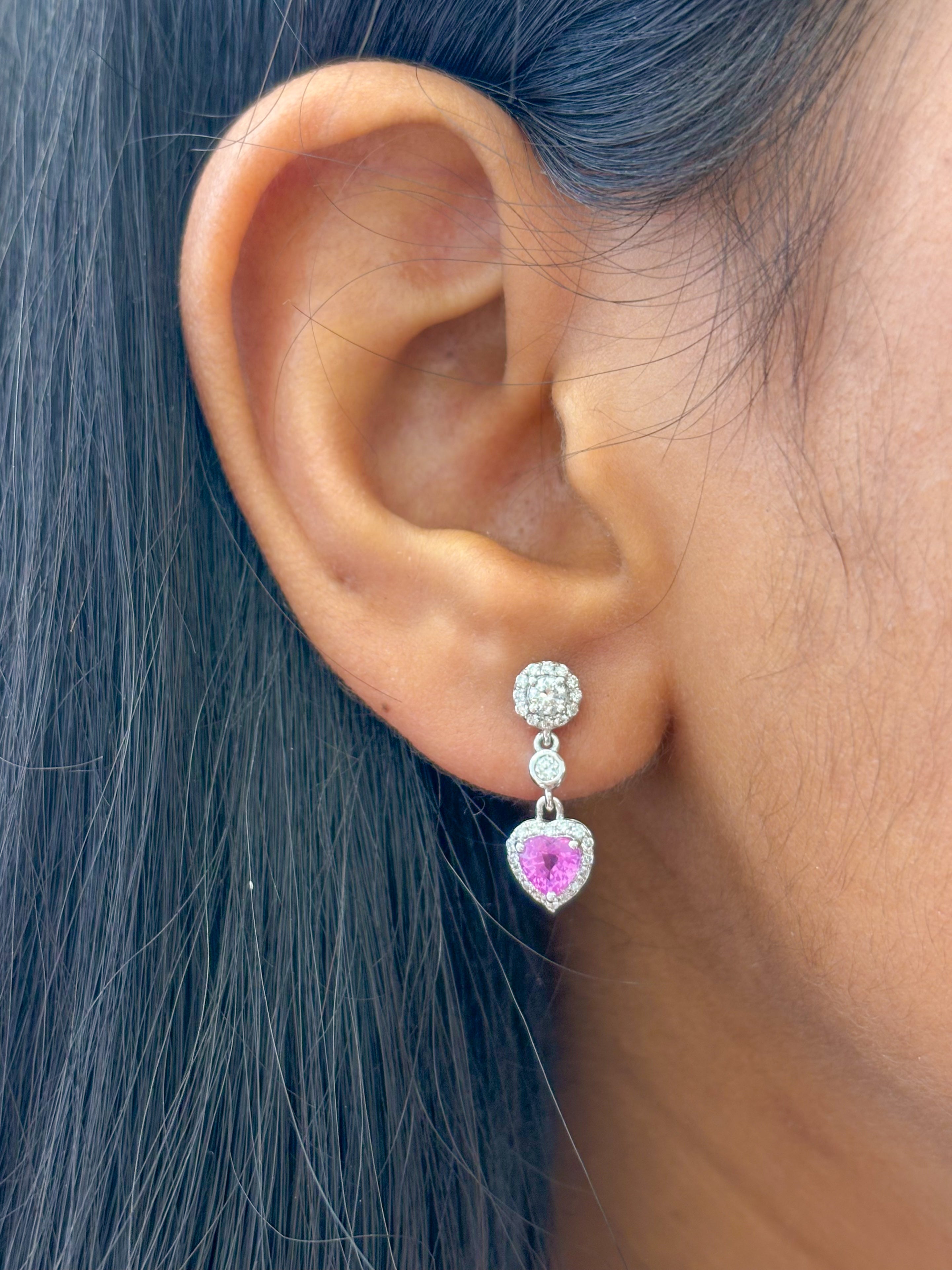 JPERG-2072/7640 Pink Sapphire Heart Diamond Dangling Earring | 18K