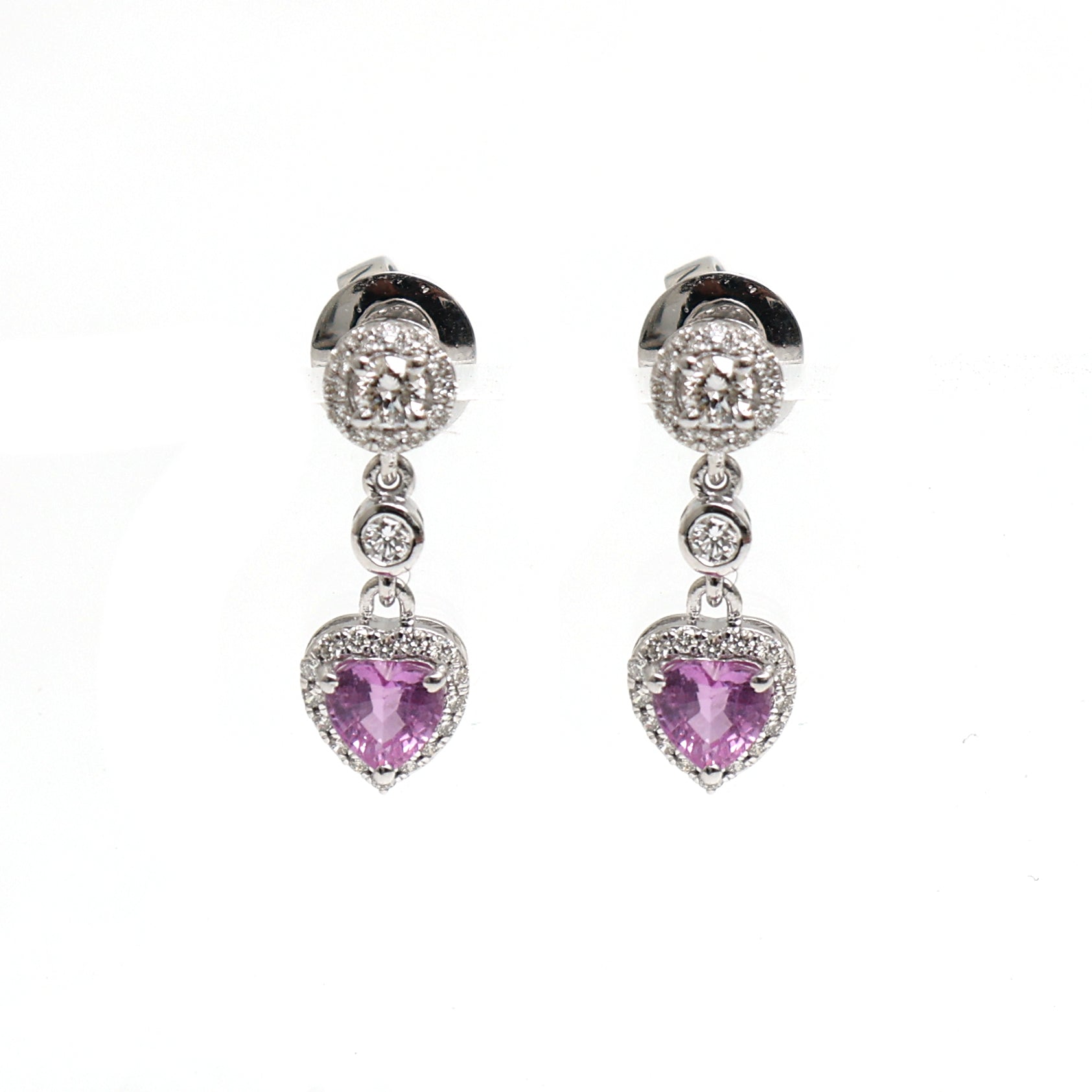 JPERG-2072/7640 Pink Sapphire Heart Diamond Dangling Earring | 18K