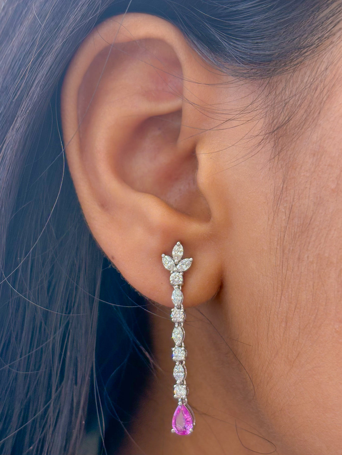 JPERG-2106/7707 Pink Sapphire Pear Diamond Dangling Earrings | 18K