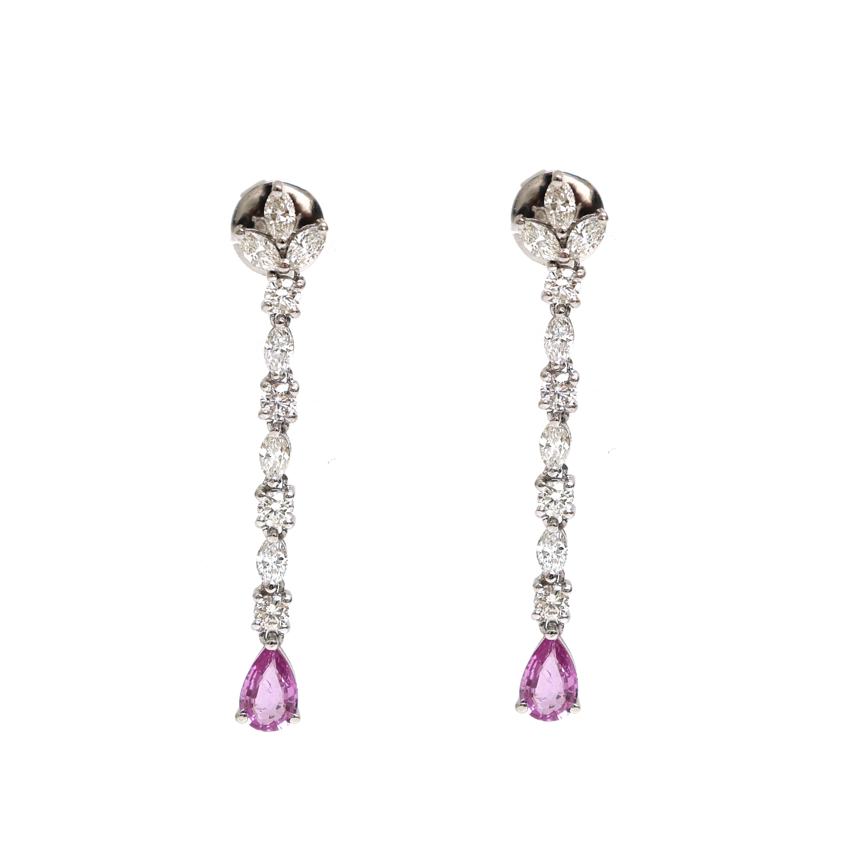 JPERG-2106/7707 Pink Sapphire Pear Diamond Dangling Earrings | 18K