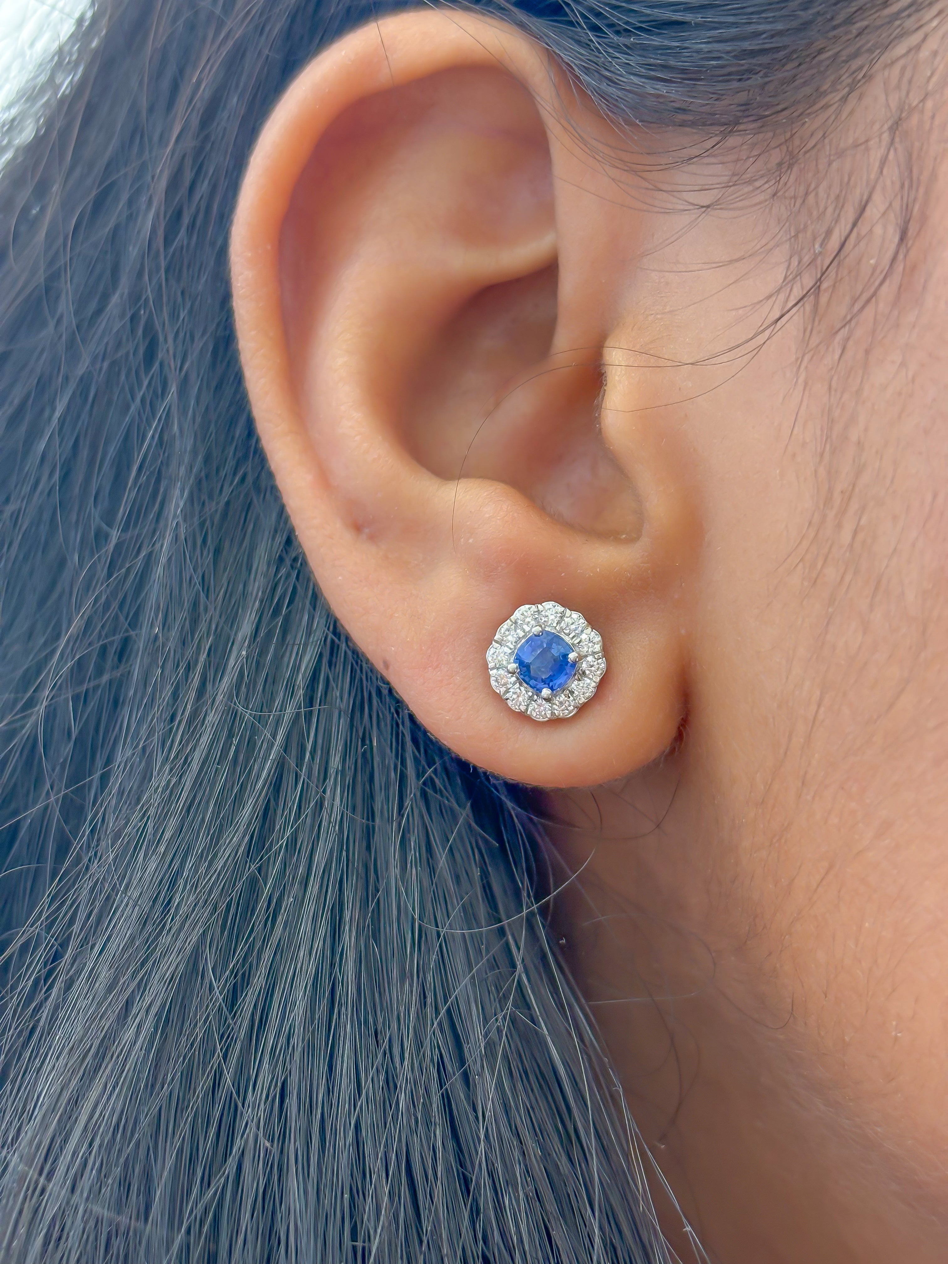JPERG-2108/7709 Blue Sapphire Cushion Diamond Studs Earring | 18K