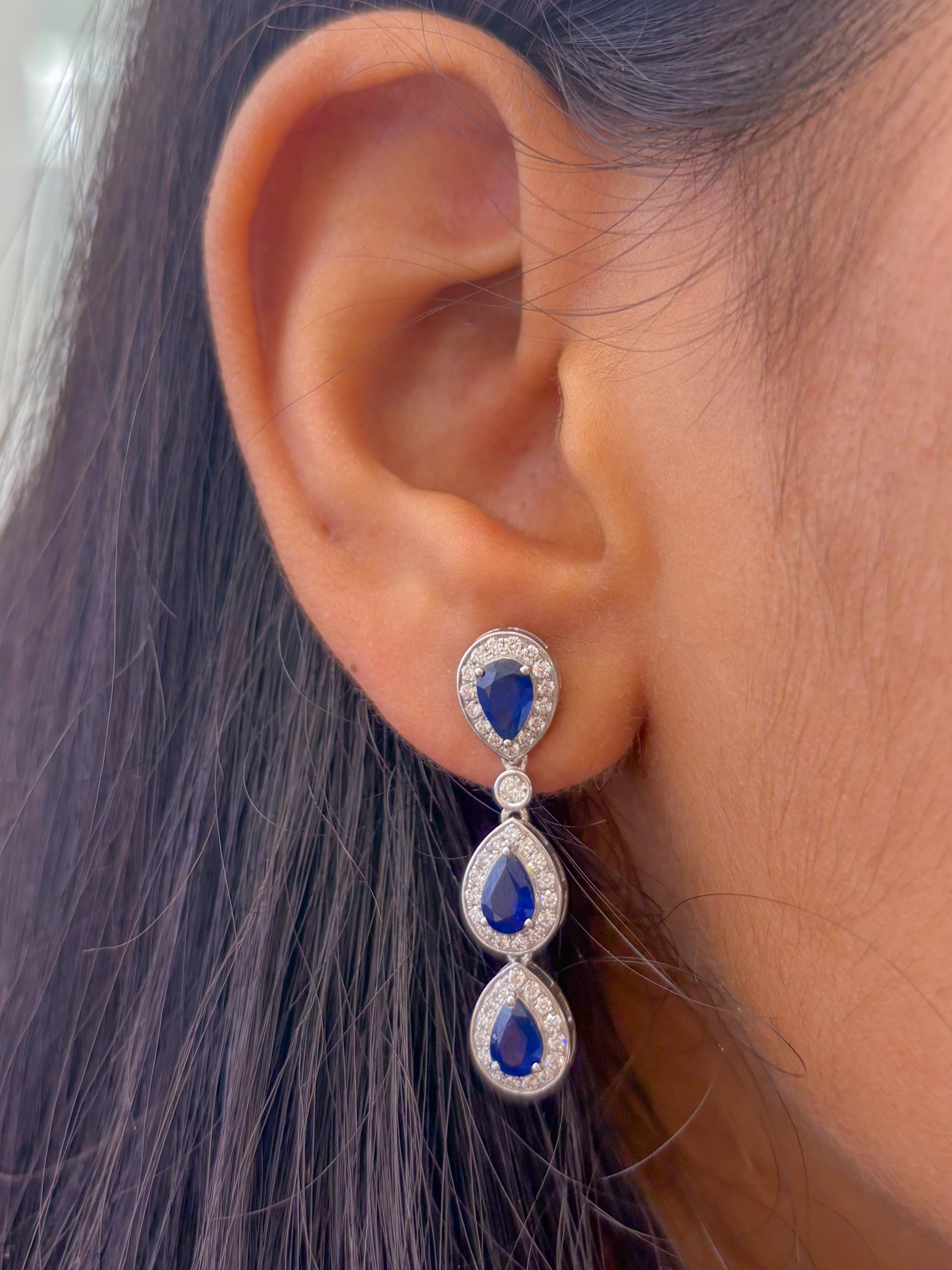 JPERG-2112/7742 Blue Sapphire Pear Diamond Dangling Earring | 18K