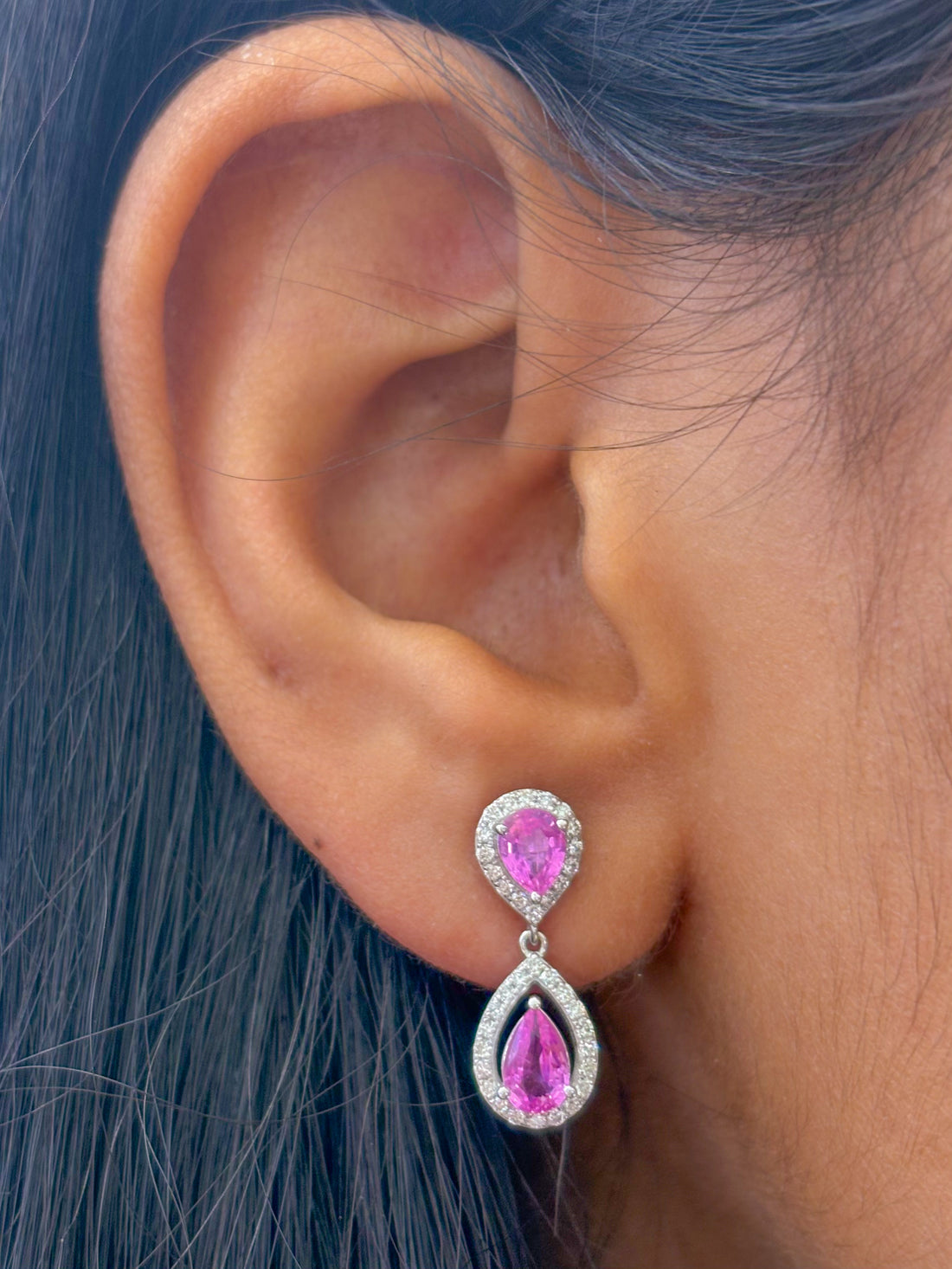 JPERG-2144/7808 Pink Sapphire Pear Diamond Dangling Earring | 18K