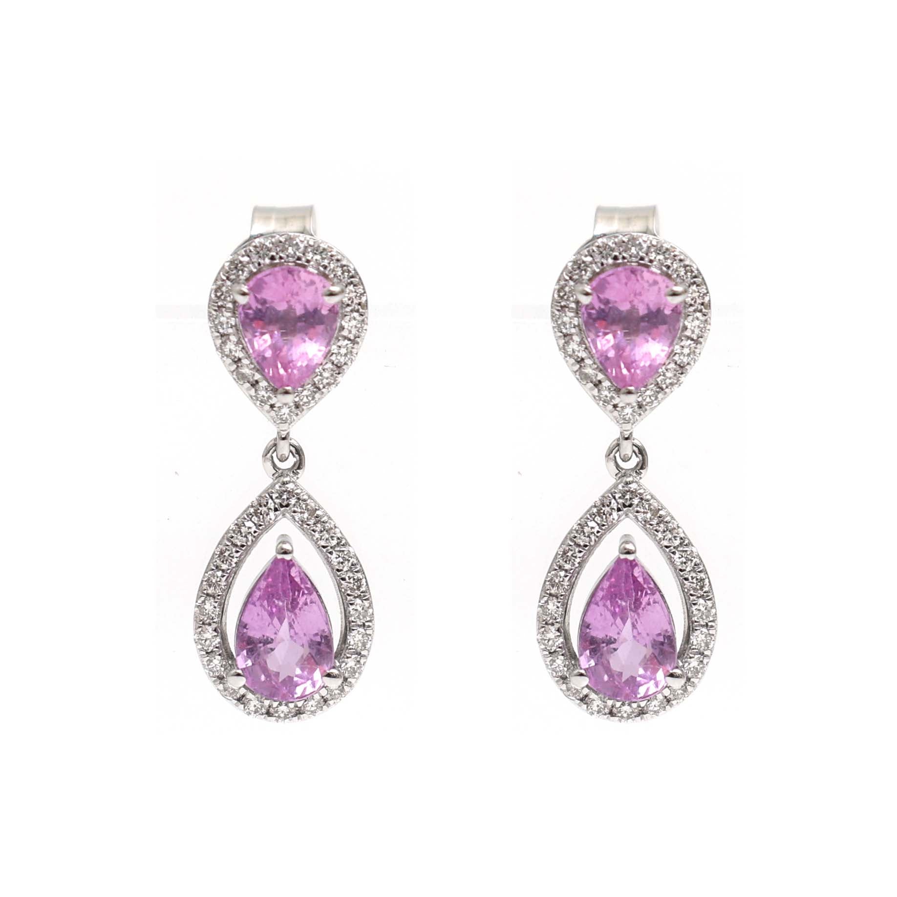 JPERG-2144/7808 Pink Sapphire Pear Diamond Dangling Earring | 18K