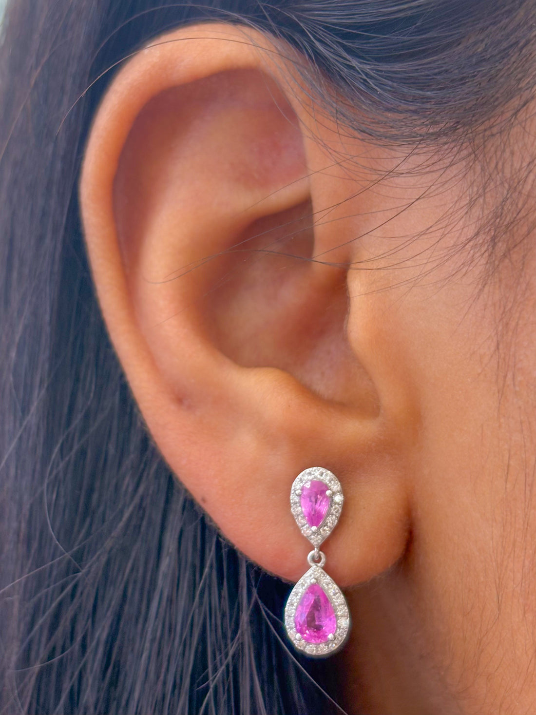 JPERG-2147/7811 Pink Sapphire Pear Diamond Dangling Earring | 18K