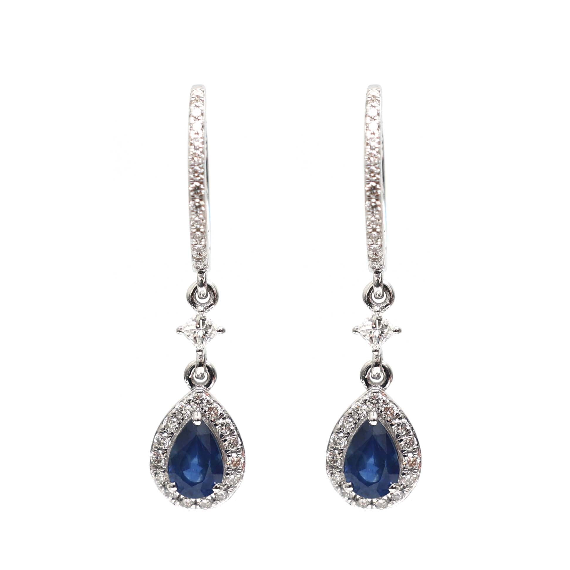 JPERG-2148/7812 Blue Sapphire Pear Diamond Dangling Earring | 18K