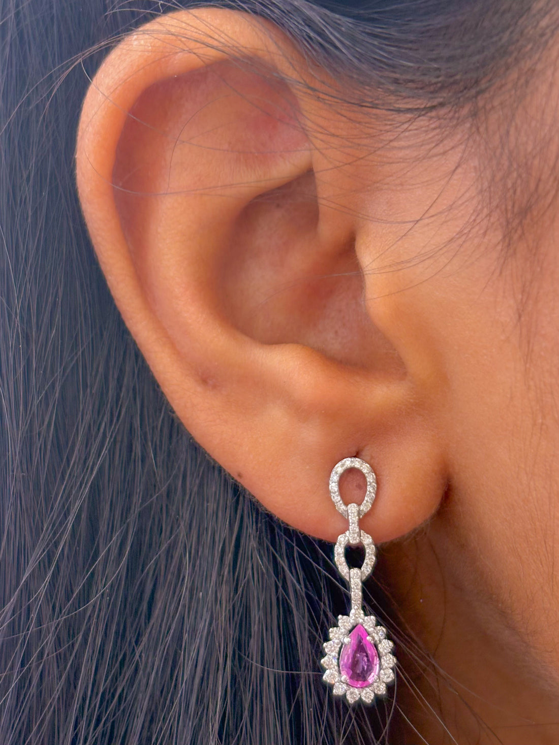 JPERG-2149/7813 Pink Sapphire Pear Diamond Dangling Earring | 18K