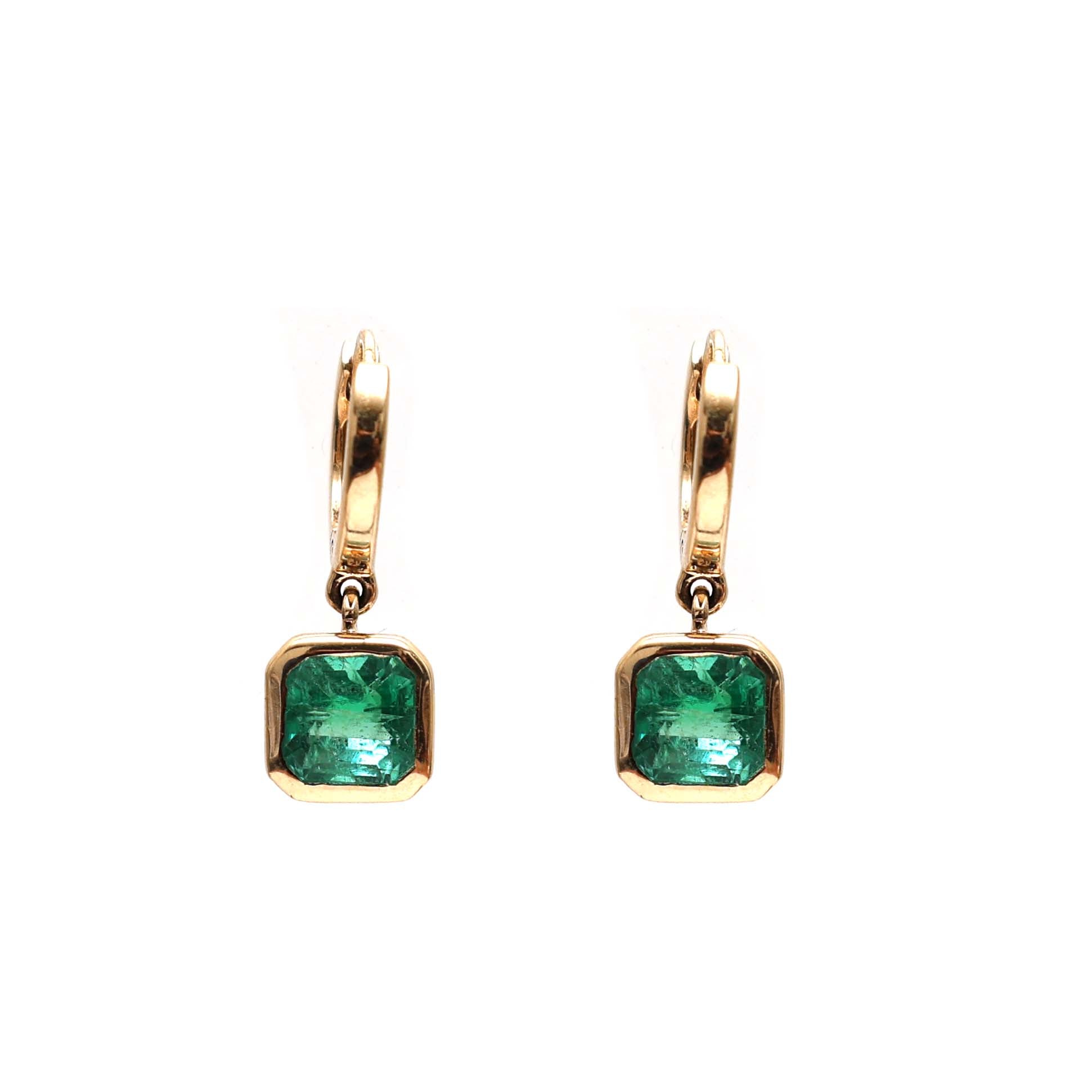 JPERG-2150/7816 Emerald Square Octagon Bezel Set Huggies Earring | 14K