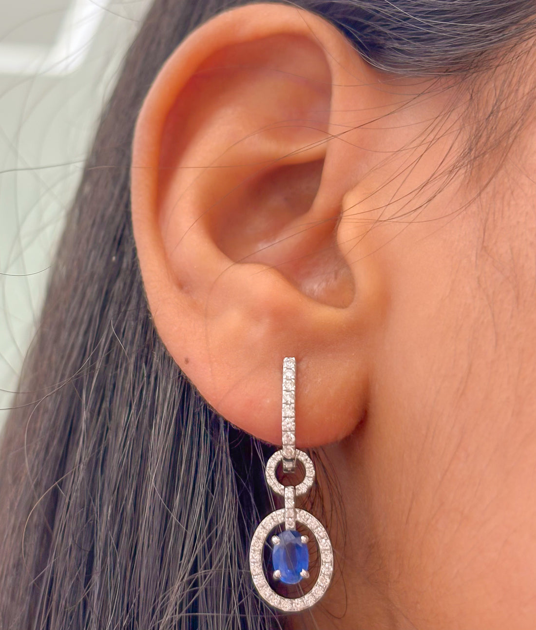 JPERG-2158/7856 Blue Sapphire Oval Diamond Dangling Earring | 18K