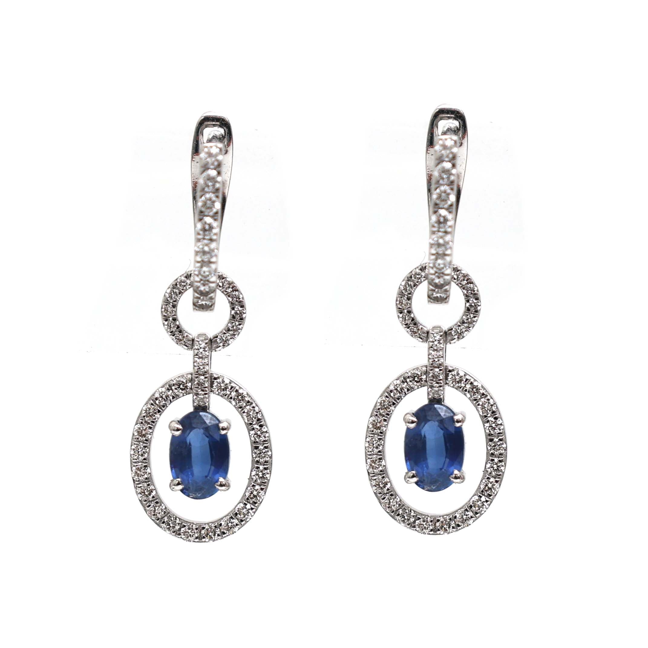 JPERG-2158/7856 Blue Sapphire Oval Diamond Dangling Earring | 18K