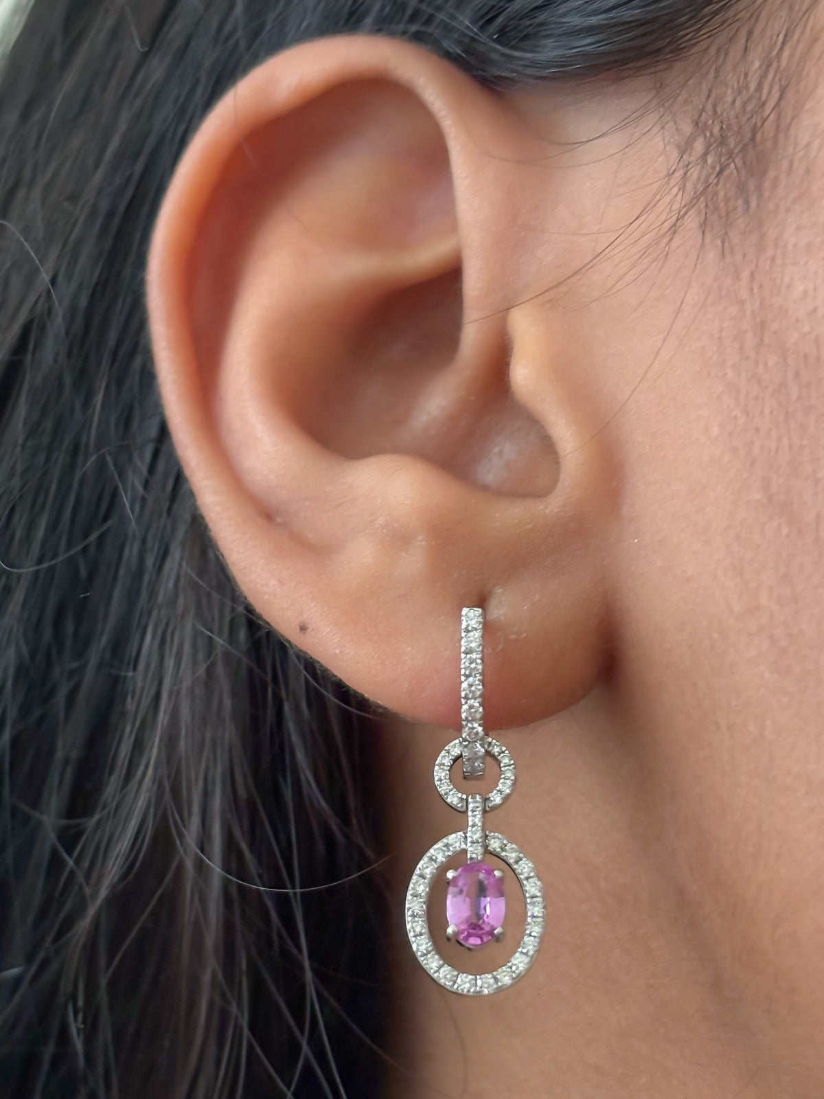 JPERG-2159/7857 Pink Sapphire Oval Diamond Dangling Earring | 18K