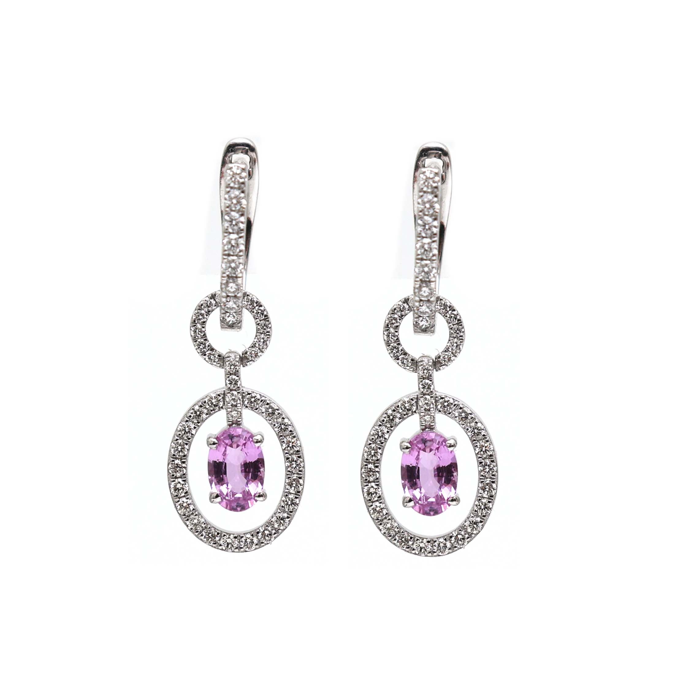 JPERG-2159/7857 Pink Sapphire Oval Diamond Dangling Earring | 18K