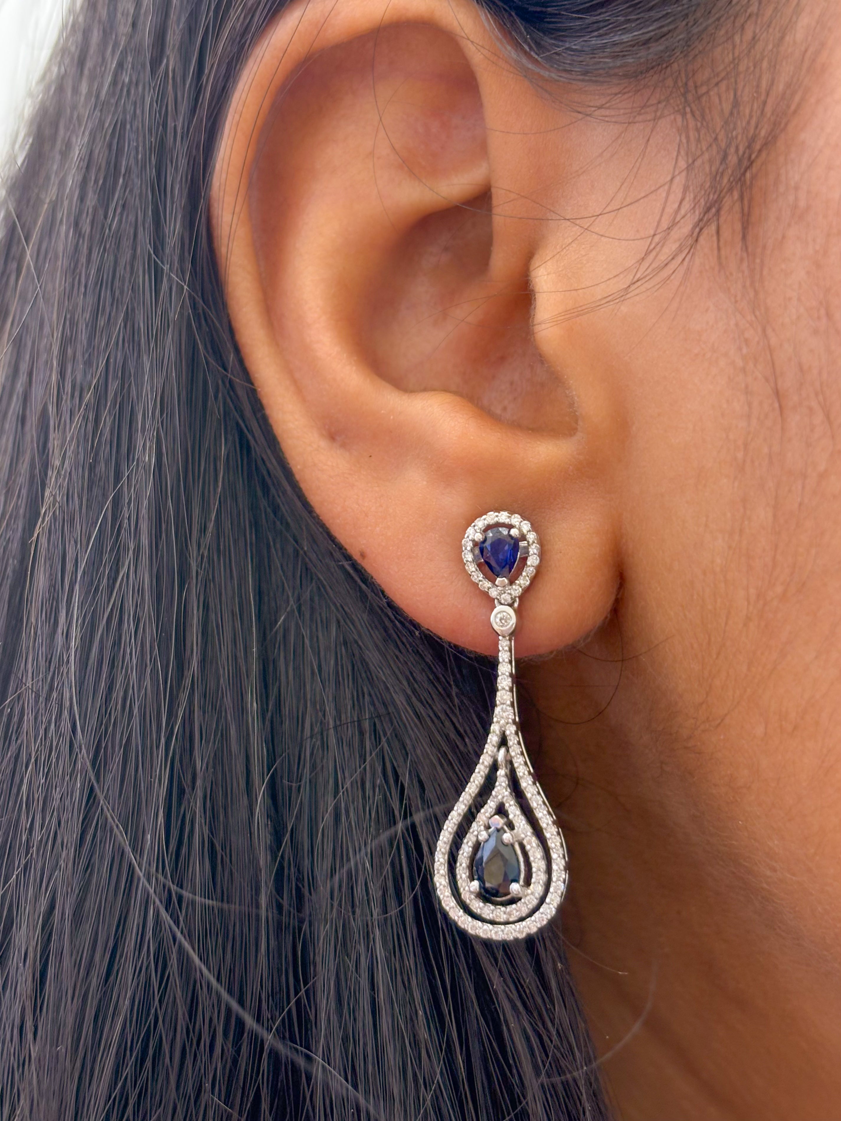 JPERG-2164/7868 Blue Sapphire Pear Diamond Dangling Earring | 18K