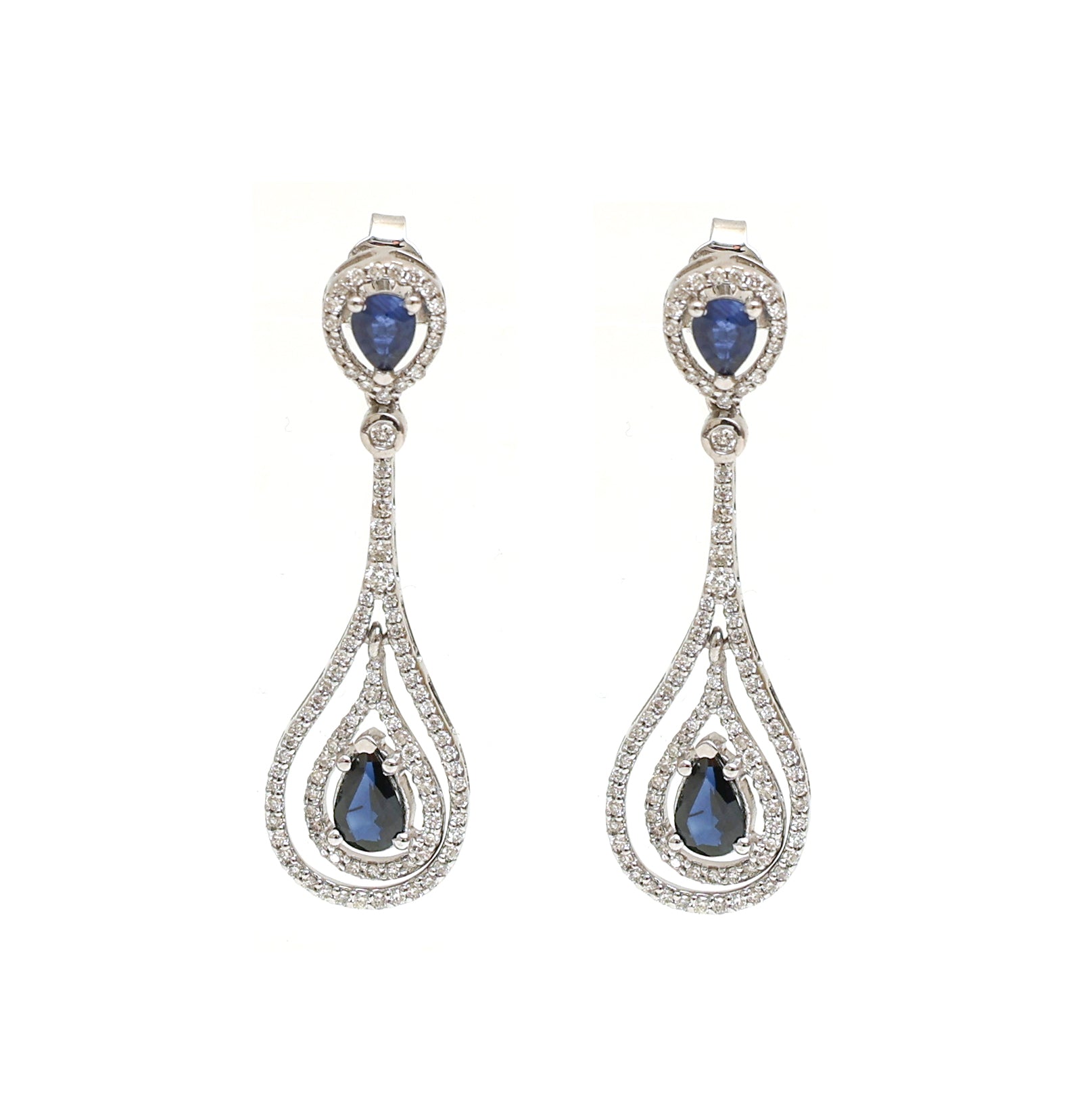 JPERG-2164/7868 Blue Sapphire Pear Diamond Dangling Earring | 18K