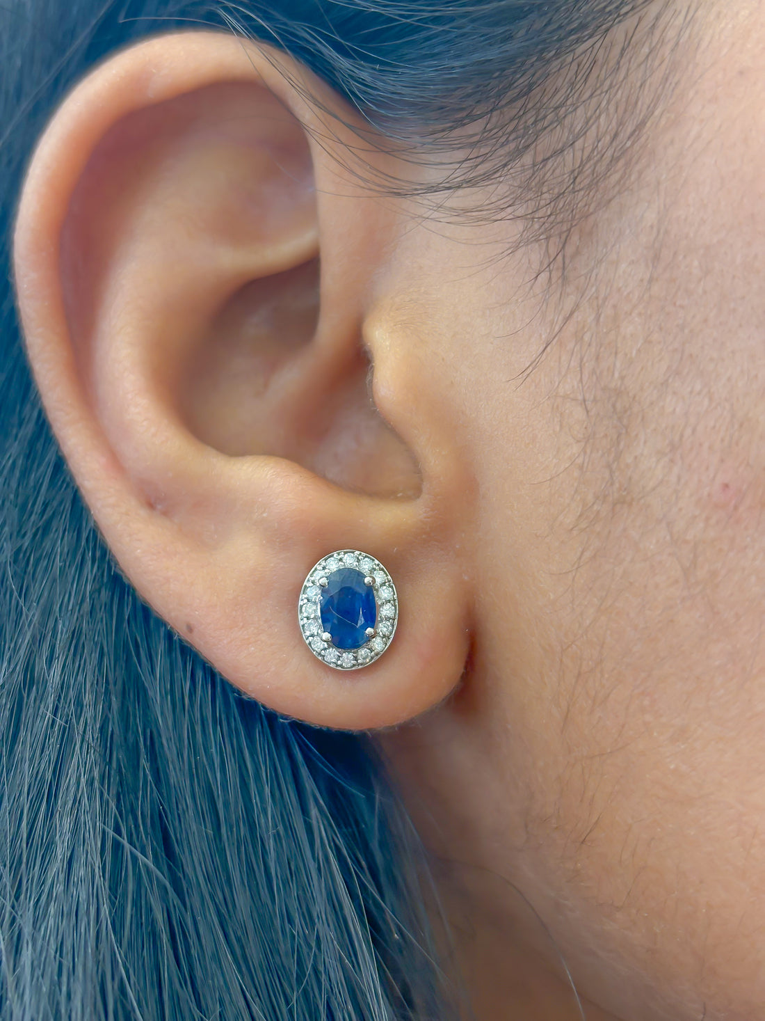 JPERG-2165/7869 Blue Sapphire Oval Diamond Studs Earring | 14K