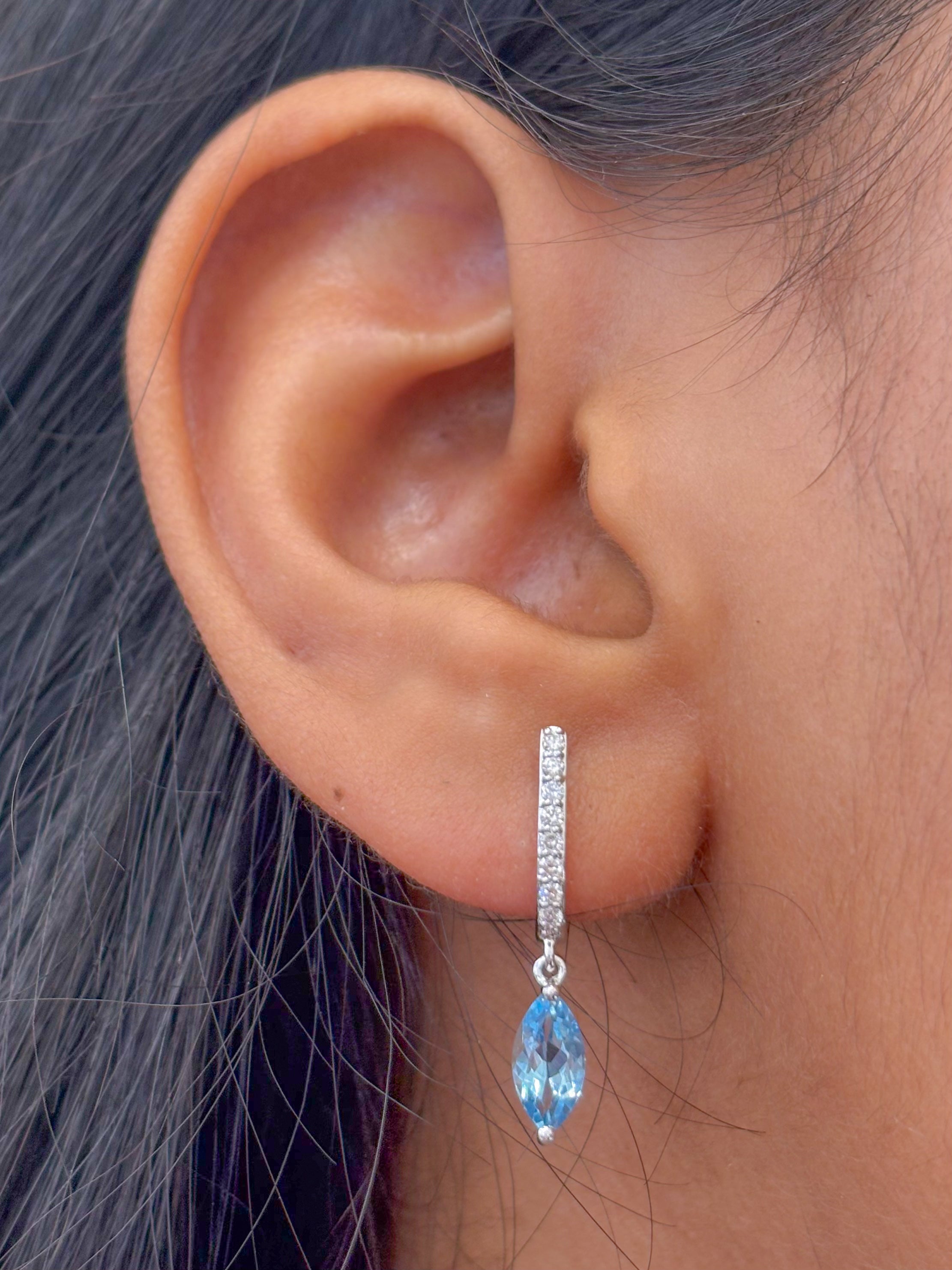 JPERG-2169/7877 Aquamarine Marquise Diamond Huggies Earring | 18K