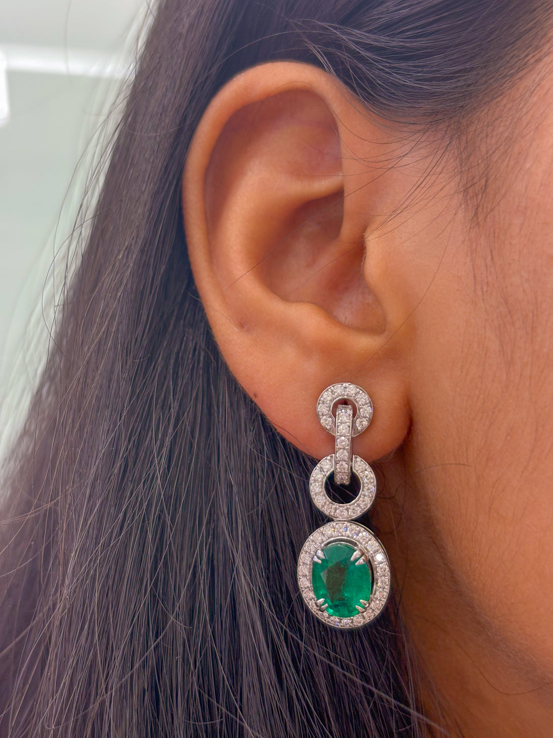 JPERG-2170/7878 Emerald Oval Diamond Dangling Earring | 18K