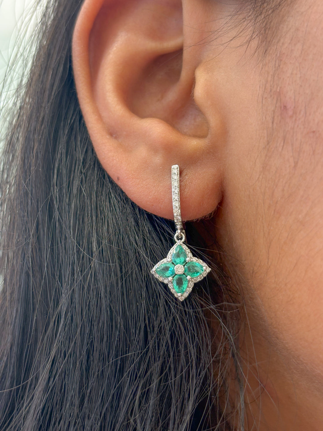 JPERG-2179/7895 Emerald Pear 4X3 With Diamond Dangling Earring | 18K