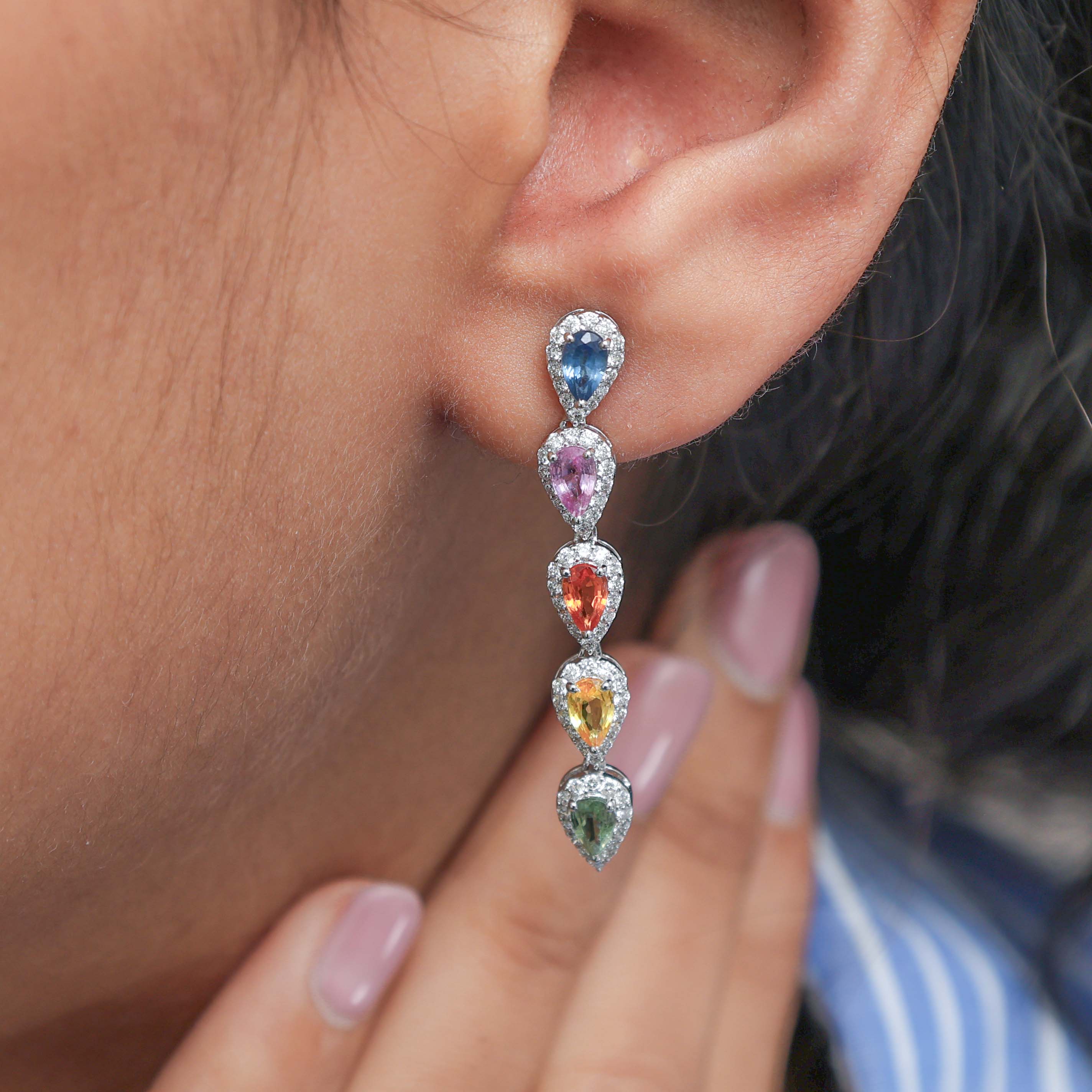 JPERG-2184/7899 Rainbow Sapphire Pear With Diamond Dangling Earring | 18K
