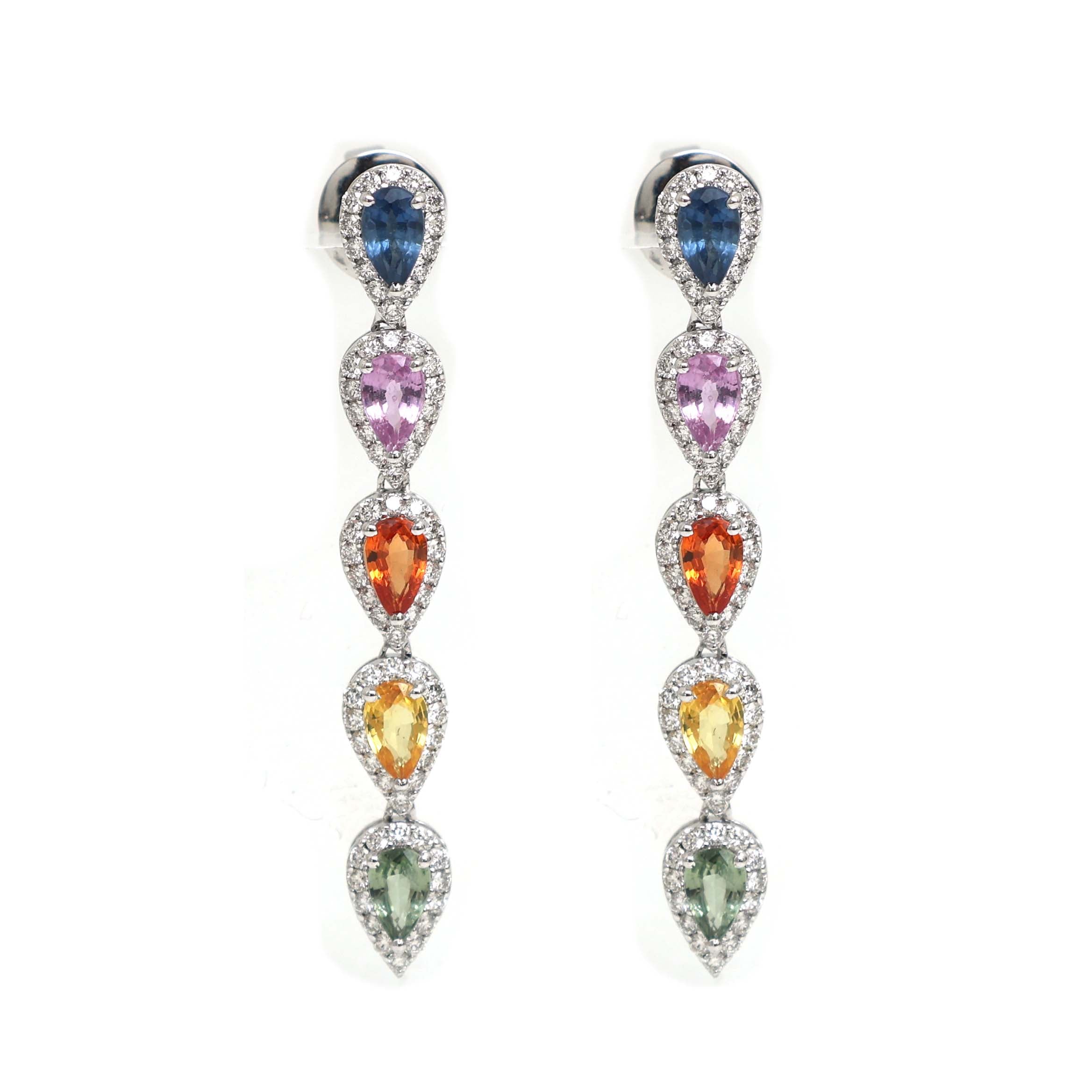 JPERG-2184/7899 Rainbow Sapphire Pear With Diamond Dangling Earring | 18K