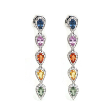 JPERG-2184/7899 Rainbow Sapphire Pear With Diamond Dangling Earring | 18K