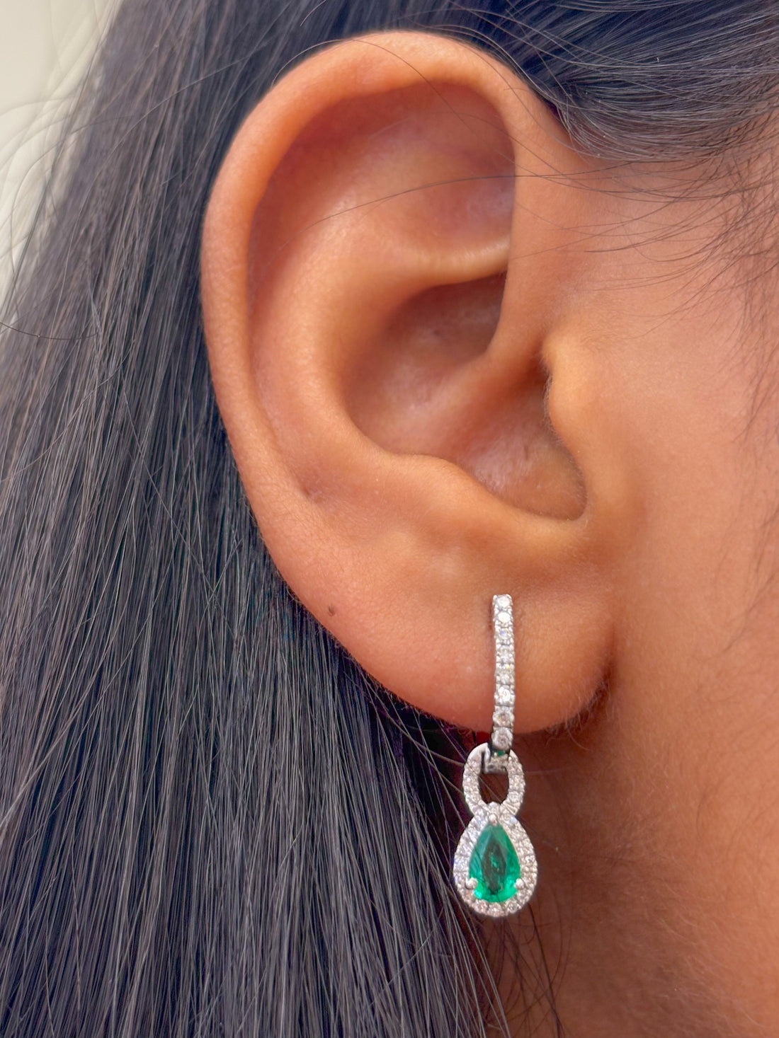 JPERG-2188/7978 Emerald Pear Diamond Dangling Earring | 18K