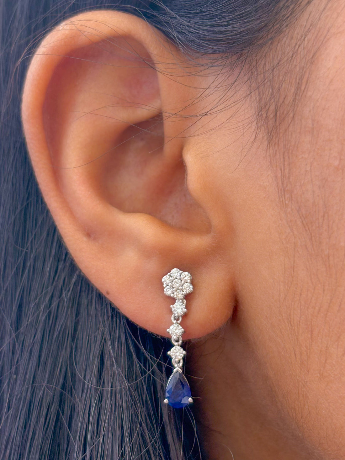 JPERG-2191/7981 Blue Sapphire Pear Diamond Dangling Earring | 18K