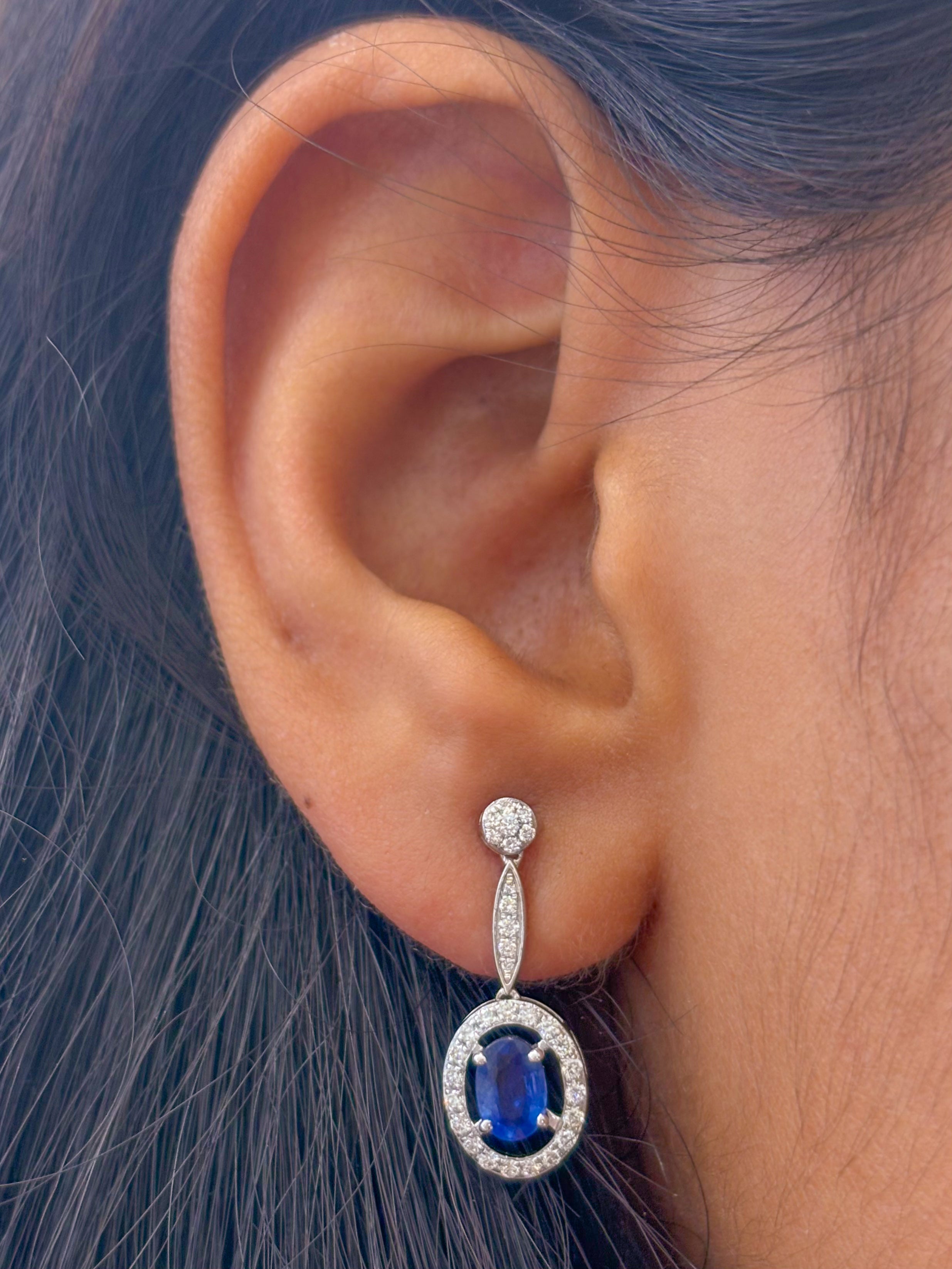 JPERG-2193/7983 Blue Sapphire Oval Diamond Dangling Earring | 18K
